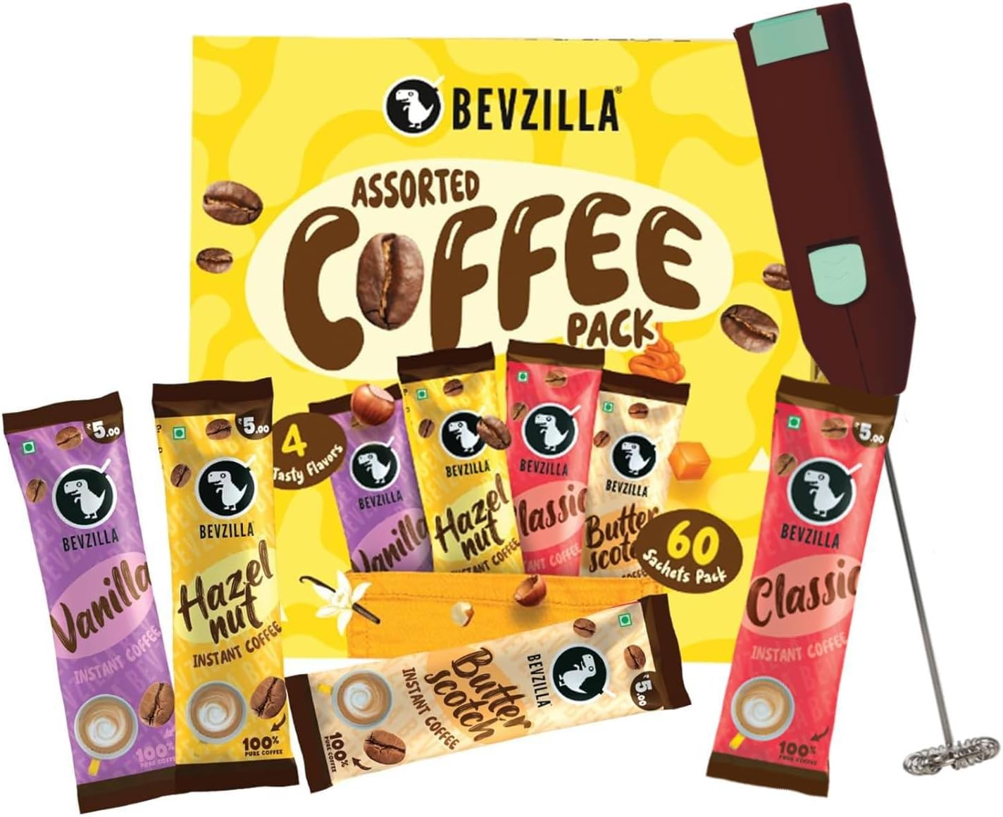 60 Flavoured Coffee Sachets With Frother (60X2 Gram) | 15 Pouch Each Flavour | Hazelnut, Vanilla, Classic & Butterscotch | Cafe Coffee Kit