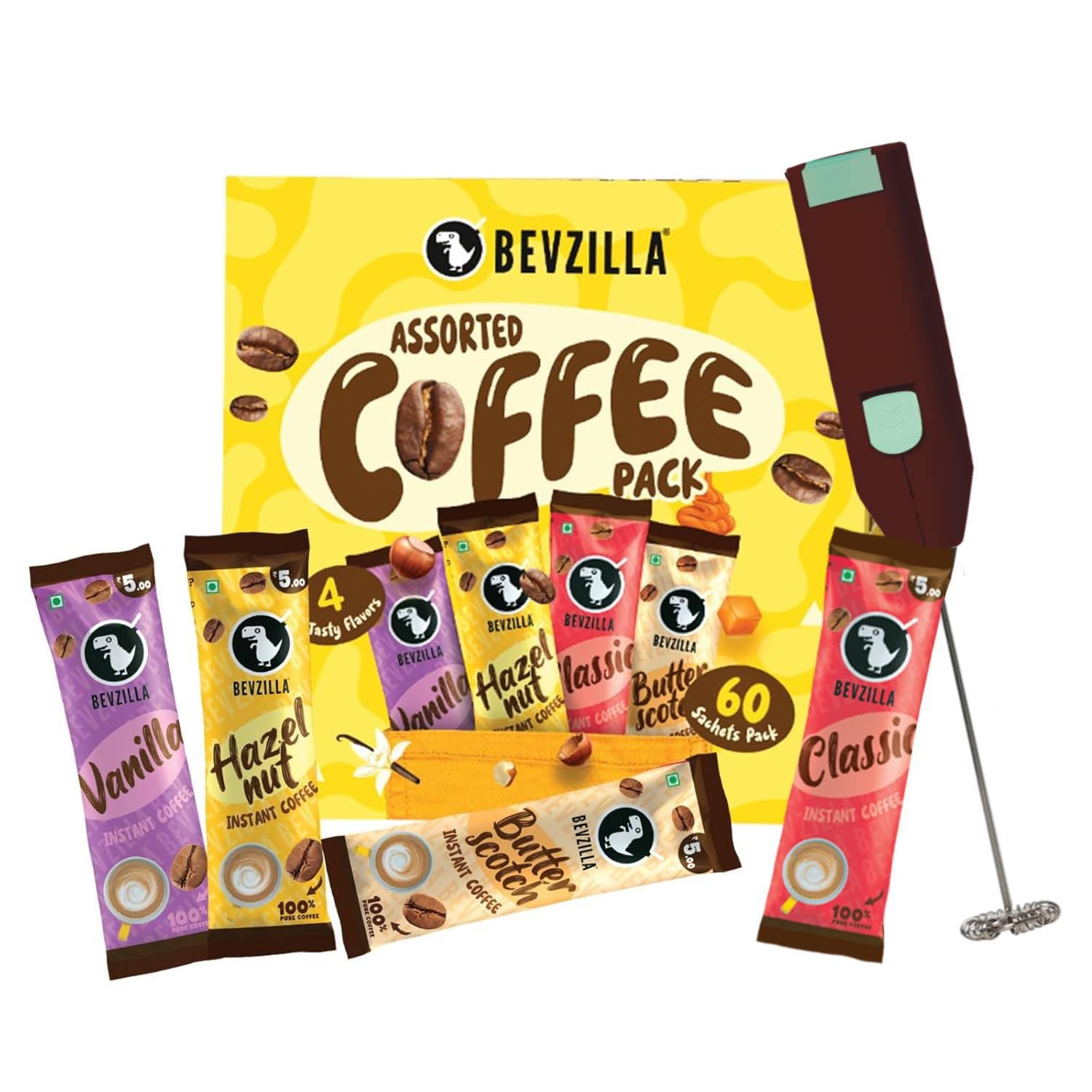 Bevzilla 60 Flavoured Coffee Sachets With Frother (60X2 Gram) | 15 Pouch Each Flavour | Hazelnut, Vanilla, Classic & Butterscotch | Cafe Coffee Kit