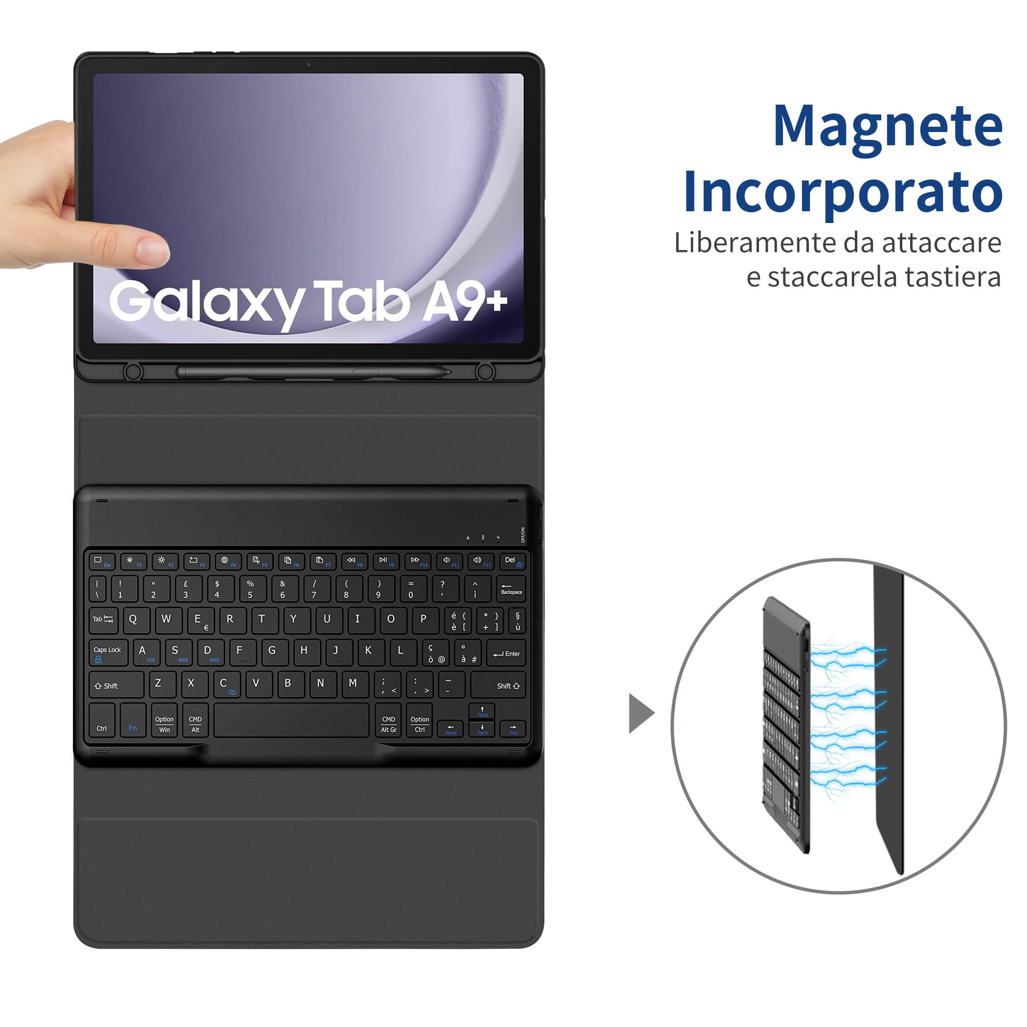 EasyAcc Cover Tastiera Compatibile con Samsung Galaxy Tab A9+ 2023 11 Pollici SM-X210/X216/X218 con Pellicola Protettiva, [Italiano], Custodia Protettiva per Tastiera Rimovibile con Portapenne, Nero