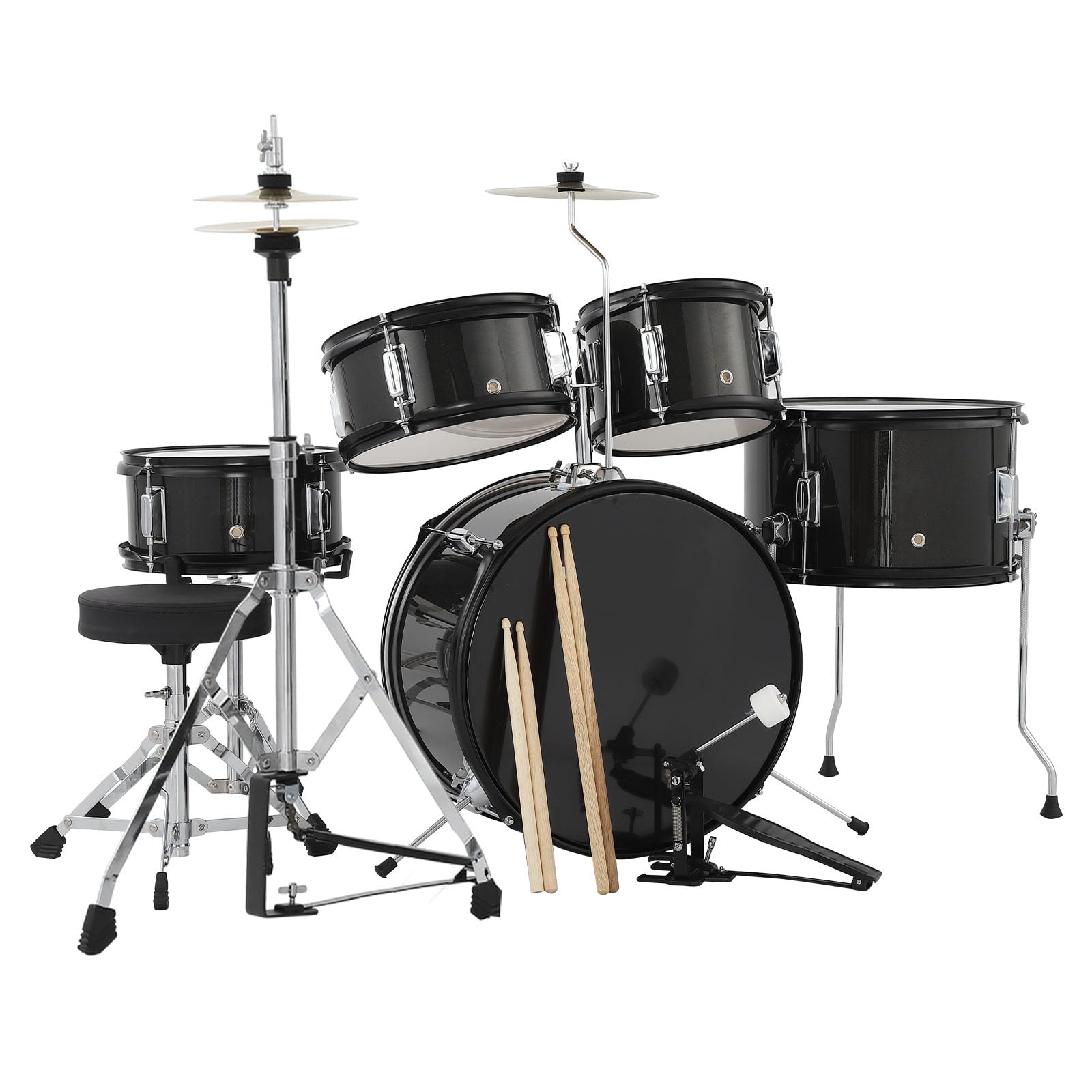 5-Teiliges Kinder-Schlagzeug, e-Drums Set, Junior-Schlagzeugset Mit Bassdrum, Snare, 2 Toms, Becken, Hi-Hat, Hocker, Trommelstöcken Und Pedalen, Musikalisches Geschenk Für Anfänger Ab 4 Jahren
