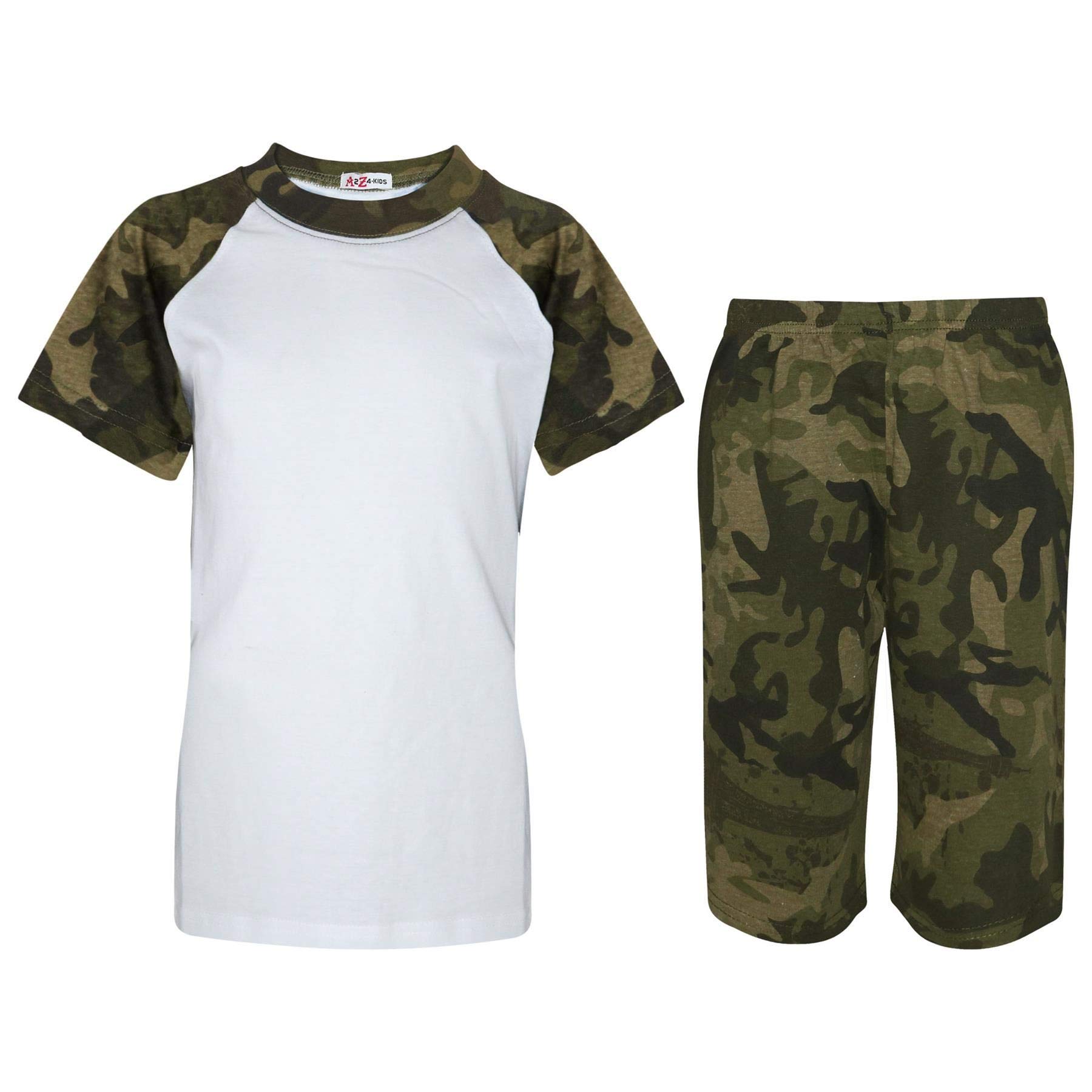 A2zkids (9-10 Years, Camo Green) Unisex Raglan Style Pyjamas Contrast T-Shirt Short