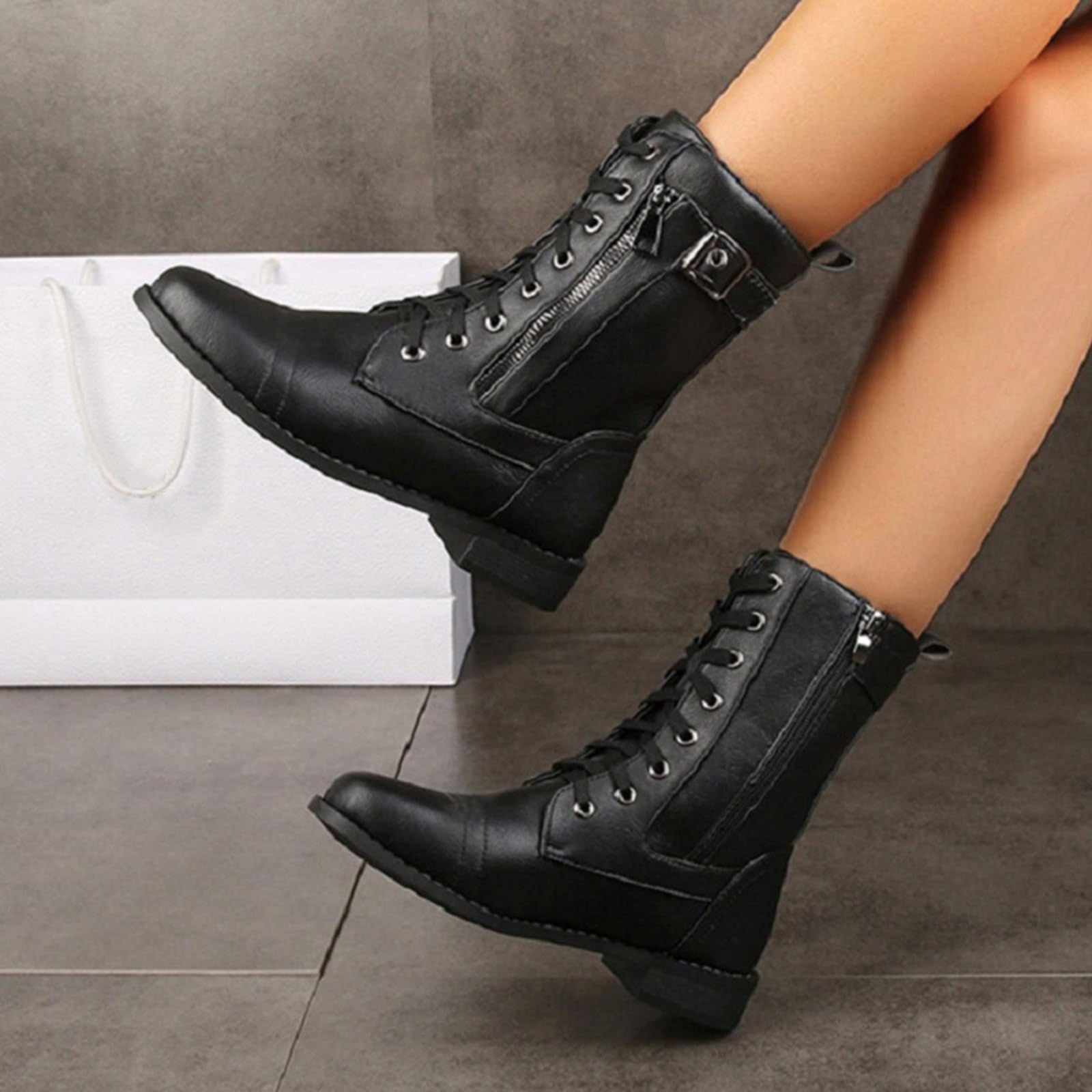 Botines para mujer con tacón de piel – Botines con cordones de piel sintética Botas de saltar de punta redonda Botas de equitación de media altura antideslizante Botas de invierno Botas de moto con
