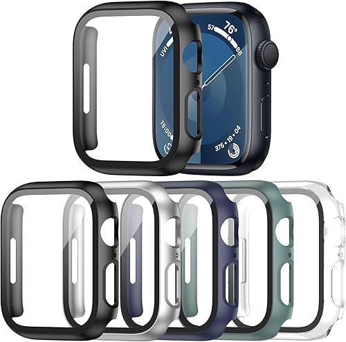 Haojavo - Juego de 5 fundas compatibles con Apple Watch de 1.614 pulgadas (1.614 in) Series 9, 8, 7 con protector de pantalla de vidrio templado,
