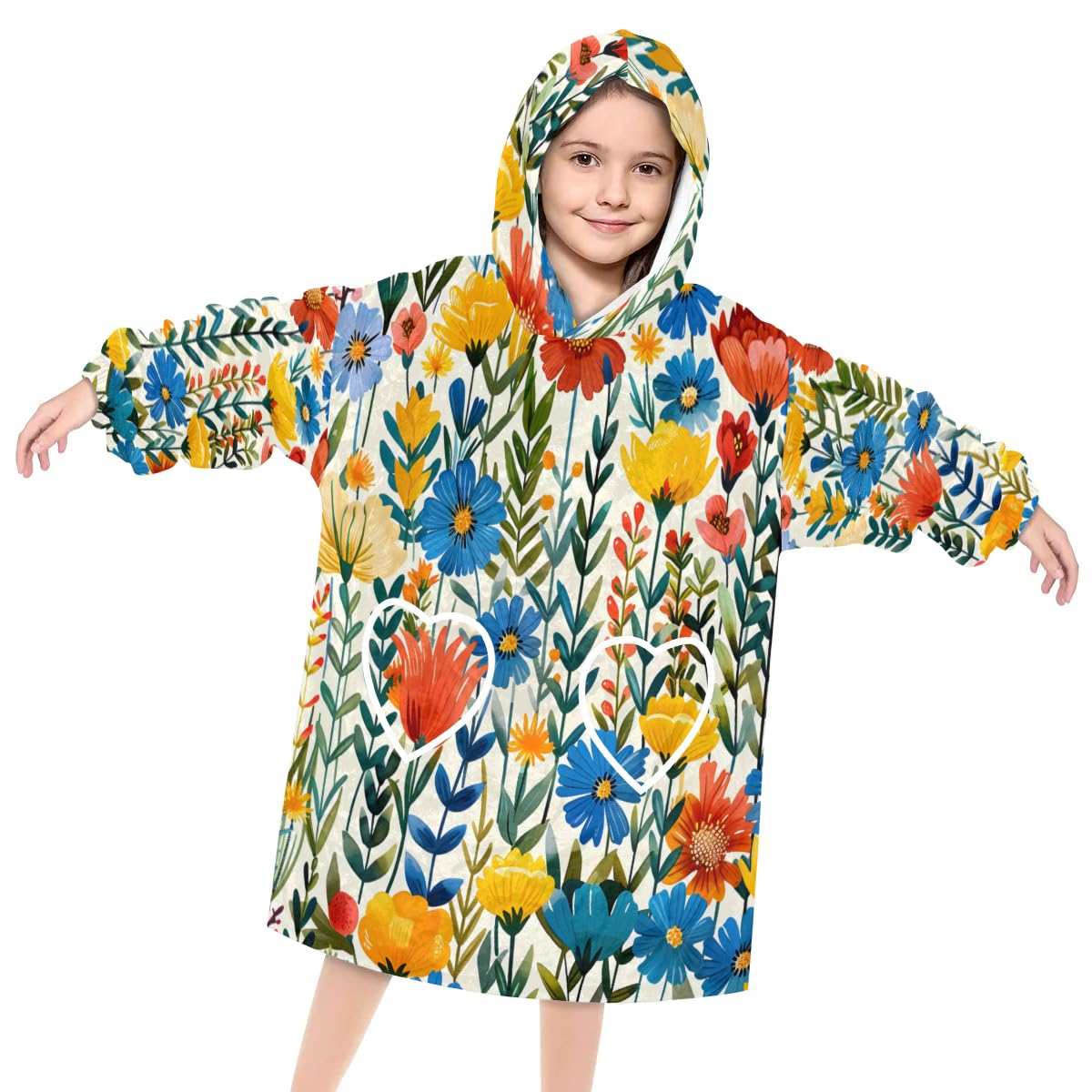 Pardick Wearable Blanket Hoodie for Kids, Modern Flower Fleece Sweatshirt Blanket Oversized Blanket Sweatshirt with Pocket Flannel Warm Hooded Blanket 6-10 Year Old Girl Boy Gift, One Size