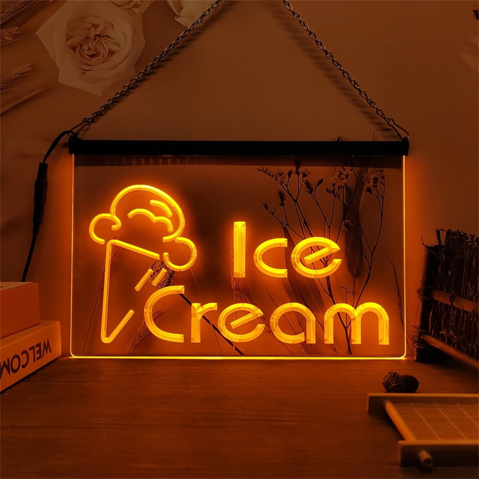 Ice Cream Neonowy szyld do dekoracji ścian – ściemniane lampy LED z zasilaniem USB, idealne do restauracji, cukierni, kawiarni, drink barów i lokali usługowych,Orange,60x40cm