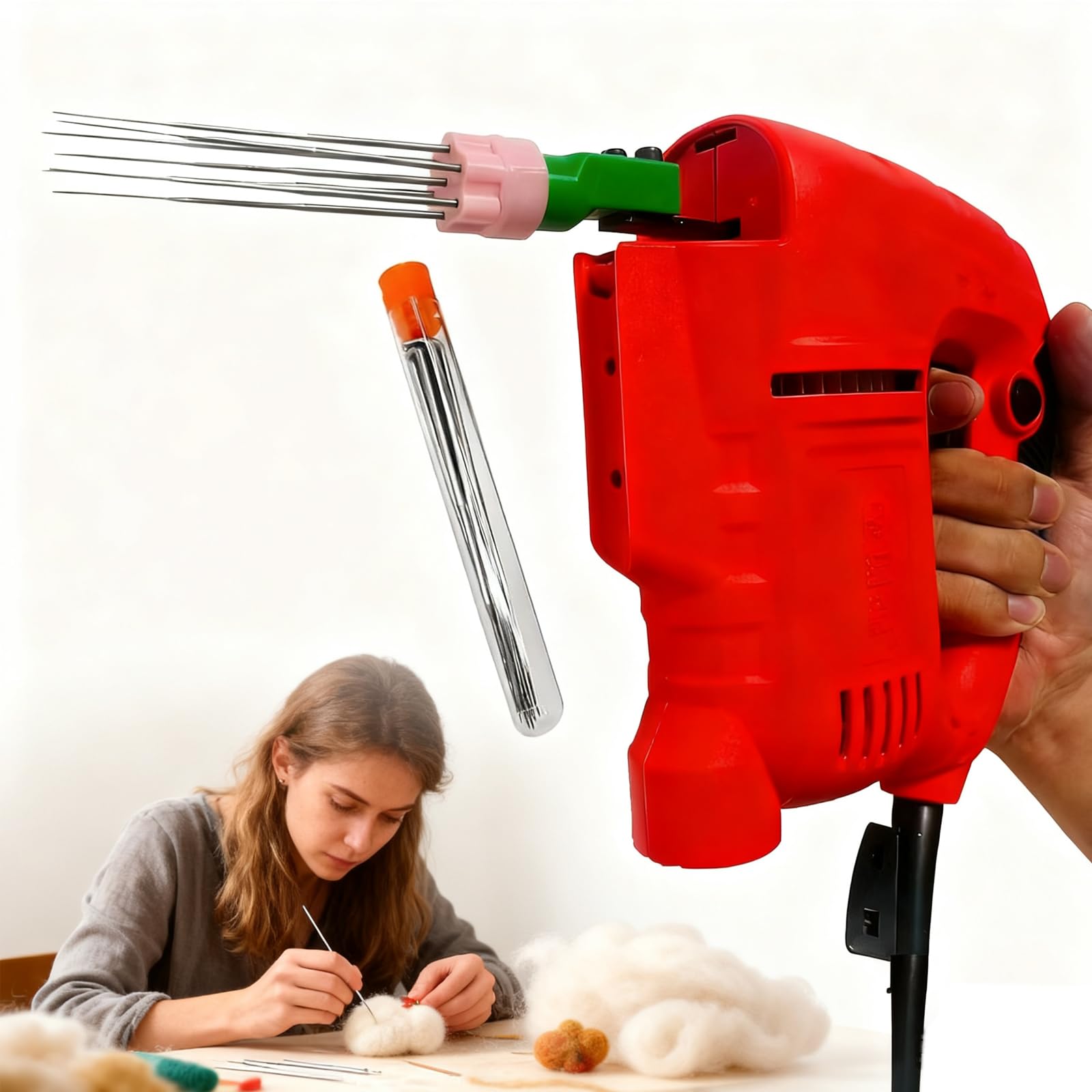 XCSCUK Electric Needle Felting Machine,Handheld Wool Felt Crafts Tool, Supports 1-7 Needles, Max 3000rpm Speed, Replaceable Nozzles