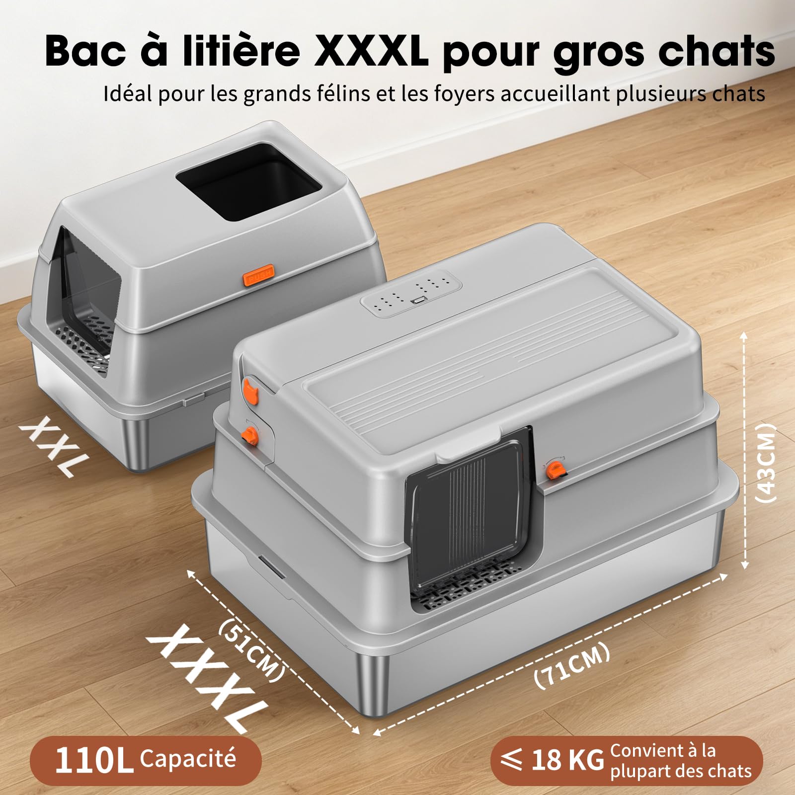 Bac à litière en INOX XXXL – Grand bac Ouvert pour Chat avec Bords Hauts et Panneaux Semi-Transparents, cuve Profonde Amovible pour Nettoyage Facile, antiadhésif, Anti-Fuite, Gris Clair