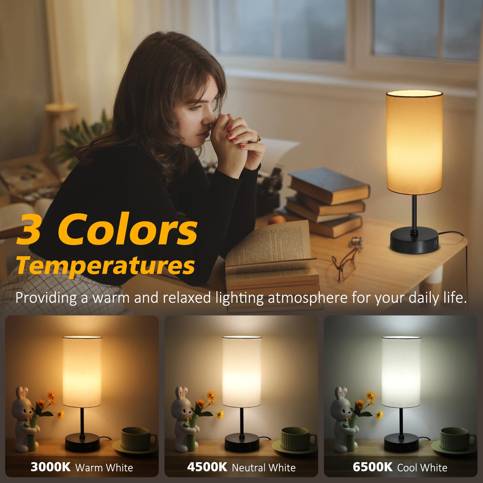 Befurglor Bedside Lamps, Dimmable 3 CCT & RGB 7 Colors Table Lamp with USB A+C Charging Ports - Image 3