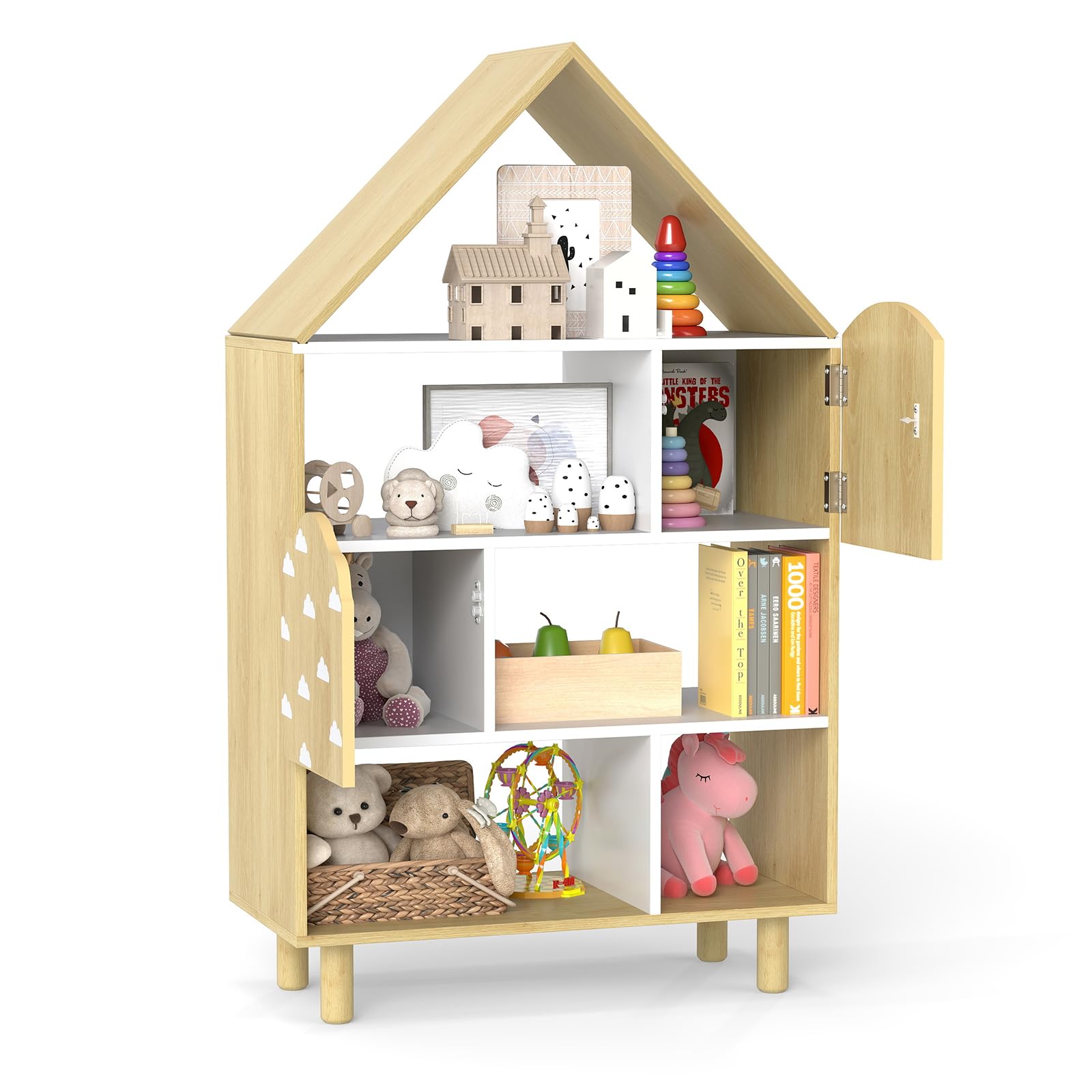 FANTASK Montessori - Libreria in legno, per bambini, a forma di casa, con 2 ante e gambe in legno massiccio, a 4 livelli, per camera dei giochi, cameretta dei bambini e camera da letto (naturale)