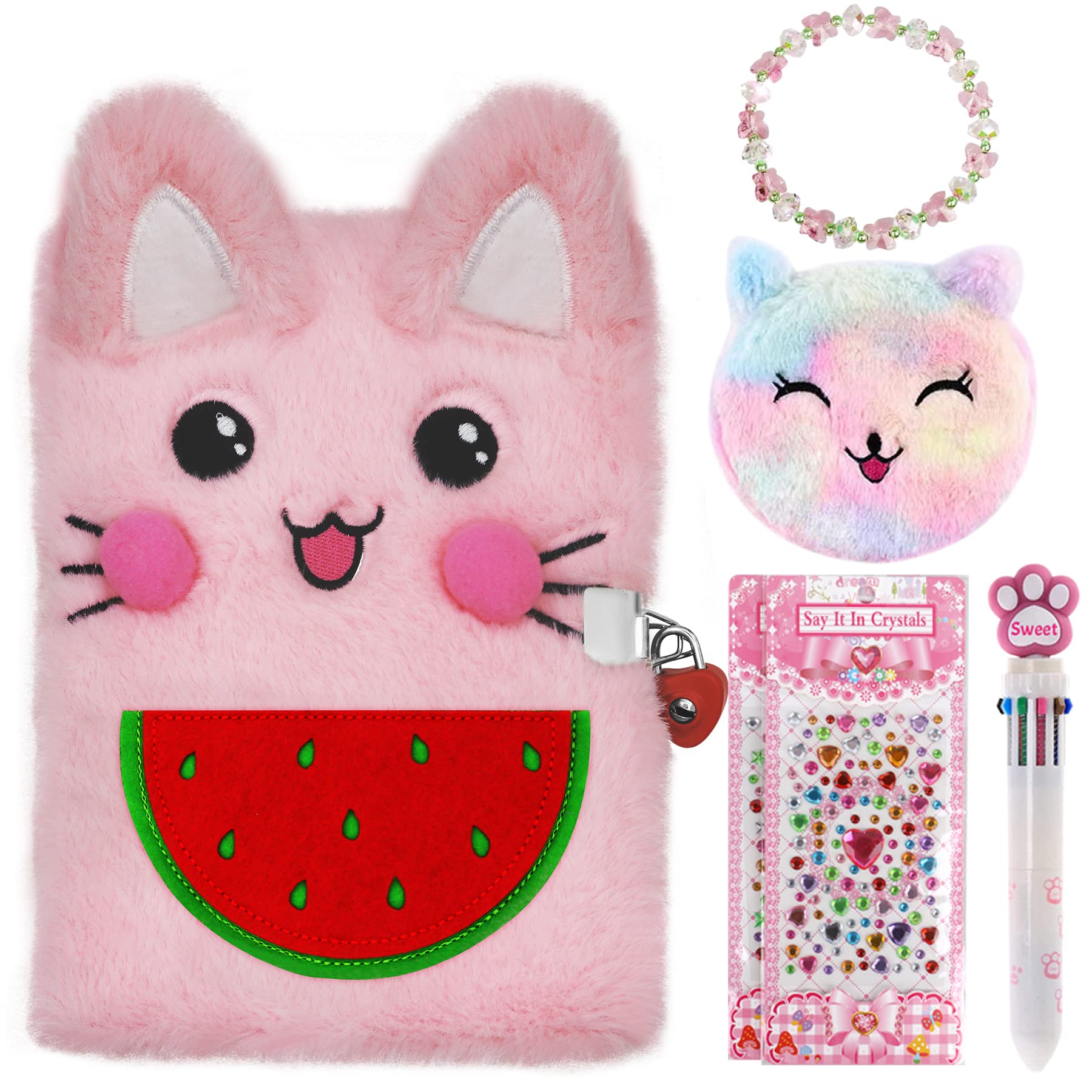 Girls Diary with lock and Keys Kit - Cat Diary for Girls Secret Notebook Journal for Girls Christmas Gifts - Cute Stationery School Supplies With Colorful Pen Bracelet Gem Stickers Coin Wallet.