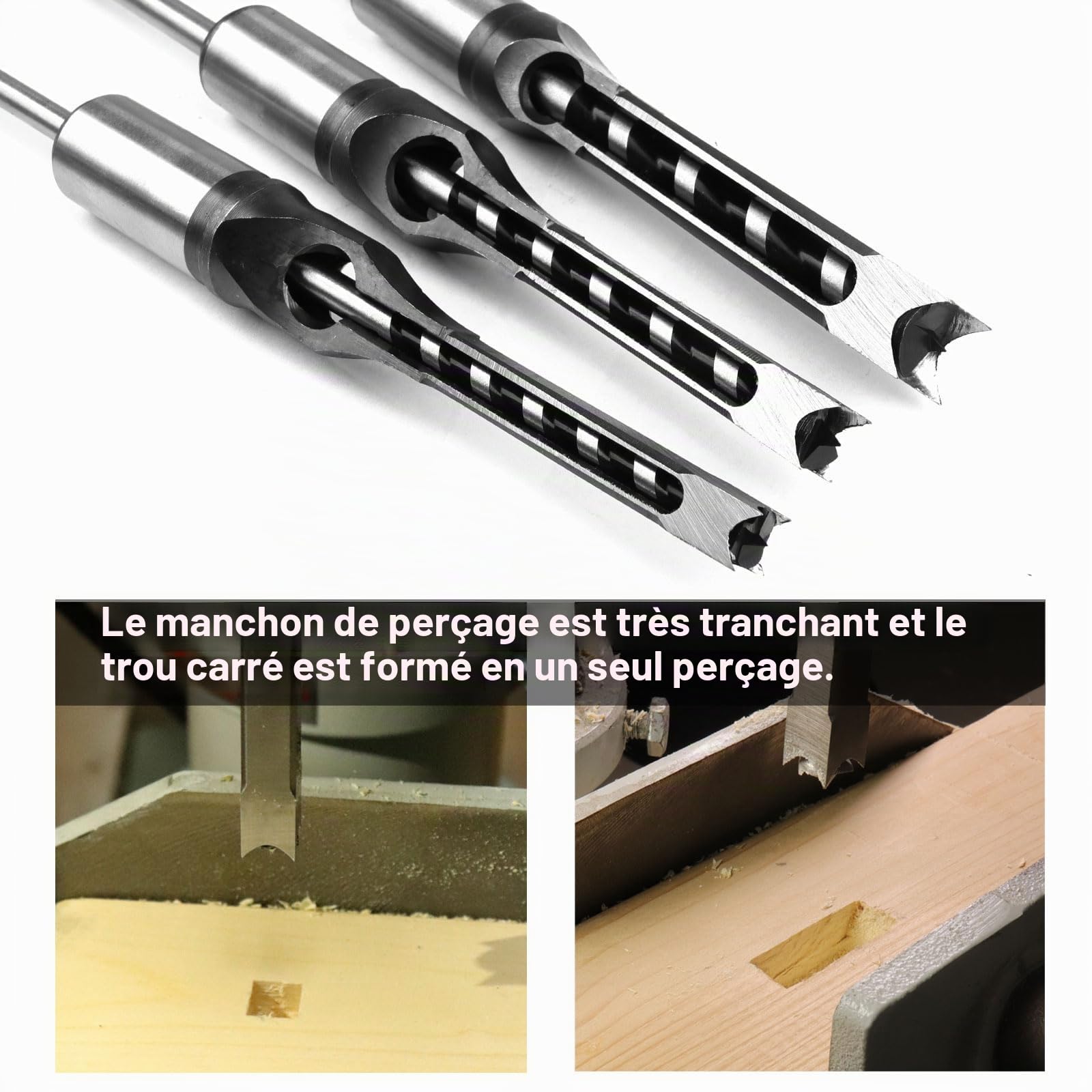 ATOPLEE Lot de 3 forets carrés pour bois HSS - Pour le travail du bois - Diamètre du trou : 8 mm - 9,5 mm - 12.5mm (toutes les tailles)