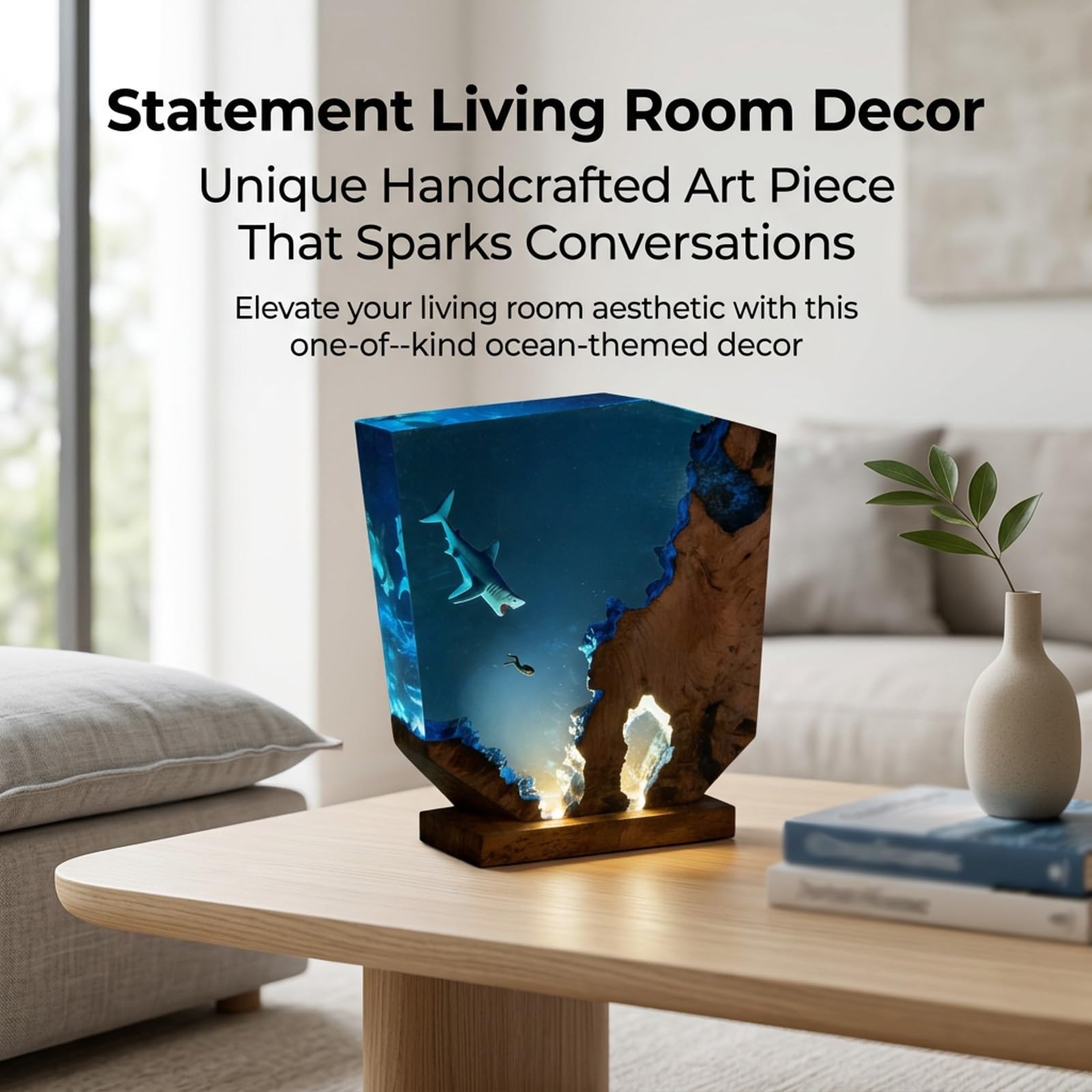 Lampada Resina Epossidica, Luce Notturna con Design Oceano 3D | Lampada LED artigianale in resina e legno per scrivania, comodino, camera e arredamento casa(15*13cm/5.9*5.1in)