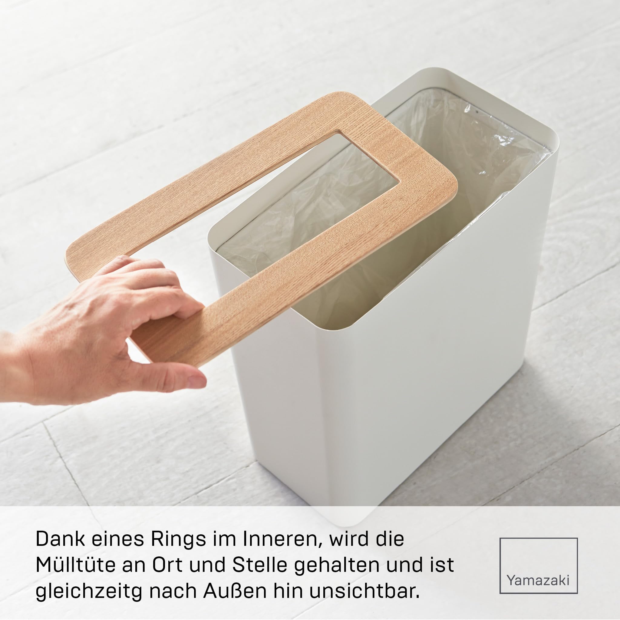 YAMAZAKI Rin Papierkorb, weiß | Stahl / Holz, 10 L, Metallring im Inneren, Verstäckt Mülltüten, 15 x 28 x 30 cm, Japanisches Design