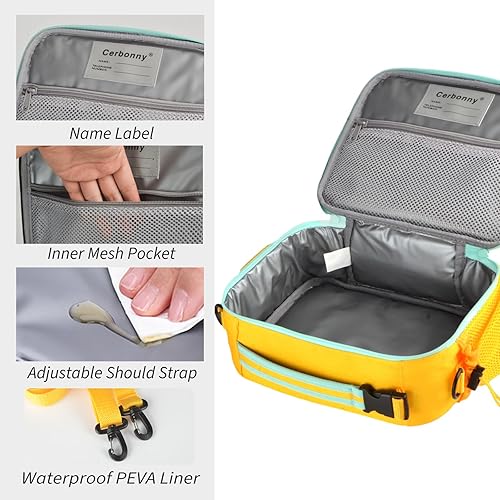 Miniatura 4 de Cerbonny Fiambrera para niños, amarillo-3, unisex, poliéster, con aislamiento, fácil de limpiar, múltiples opciones de transporte, gran capacidad