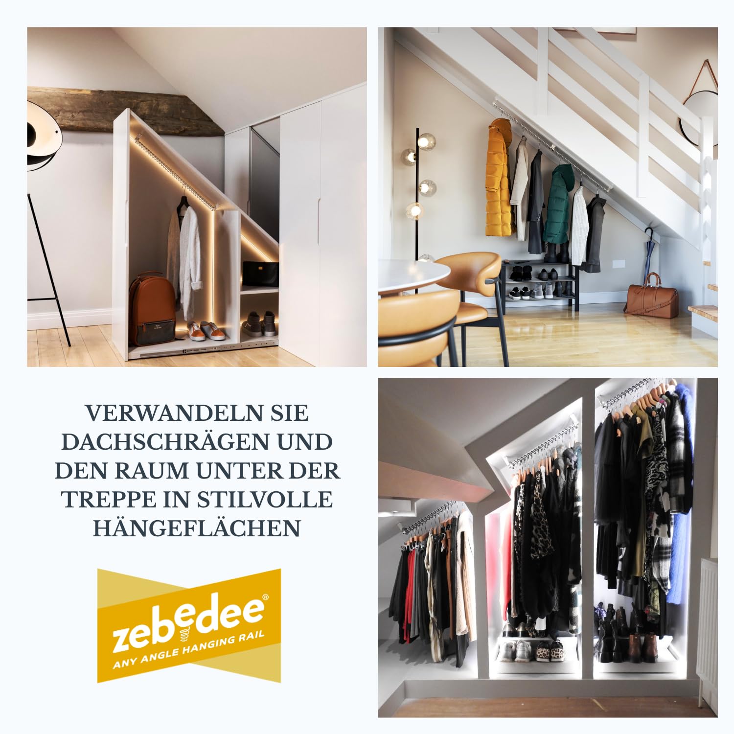 Zebedee Any Angle – Geneigte Kleiderstange für schräge Schlafzimmerschränke im Dachgeschoss, unter Dachvorsprüngen, schräge Dachdecken, Stauraum unter Treppen (700 mm)