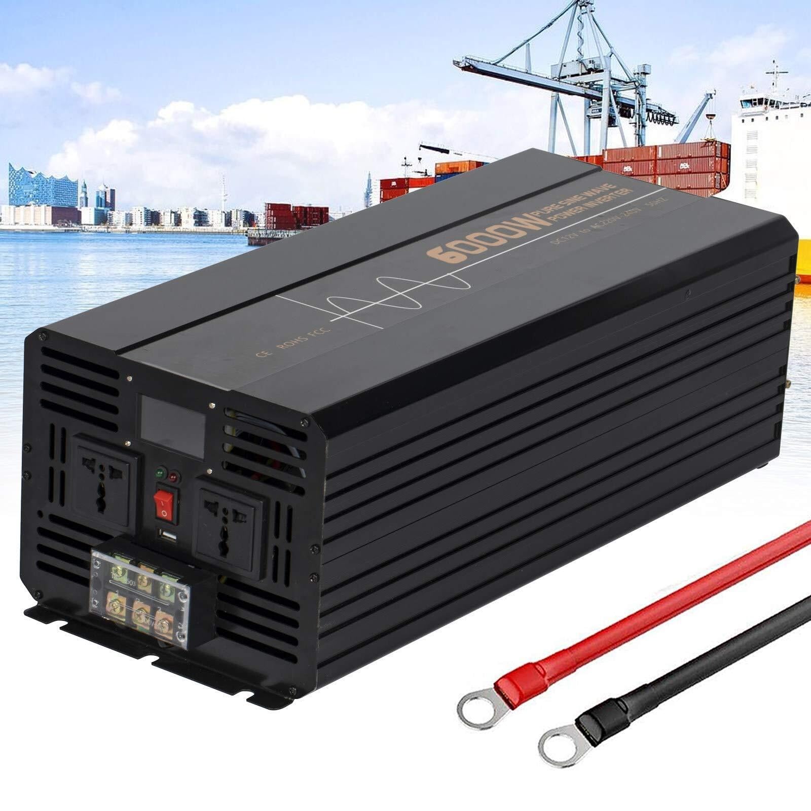 NVSFZGIYG Power Inverter DC 12V 24V 48V to AC 110V/220V Pure Sine Wave Car Voltage Converters with Alligator Battery(6000W,12Vto220V)