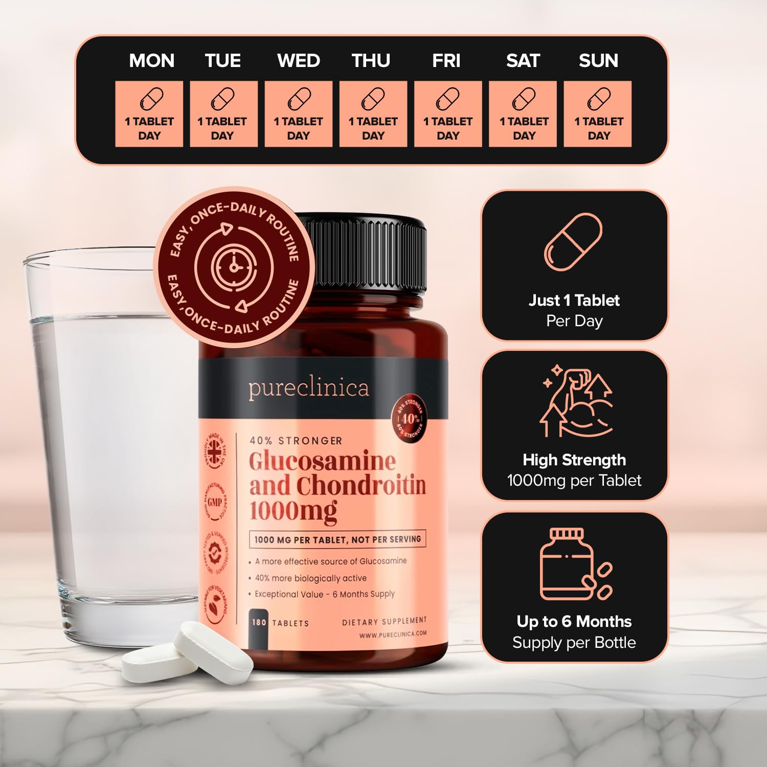 Pureclinica Glucosamine HCL & Chondroïtine (1000mg x 180 comprimés - 3 mois approvisionnement). La plupart effectif et sur le plan biologique actif: chondroïtine 90%, glucosamine HCL 83.1%