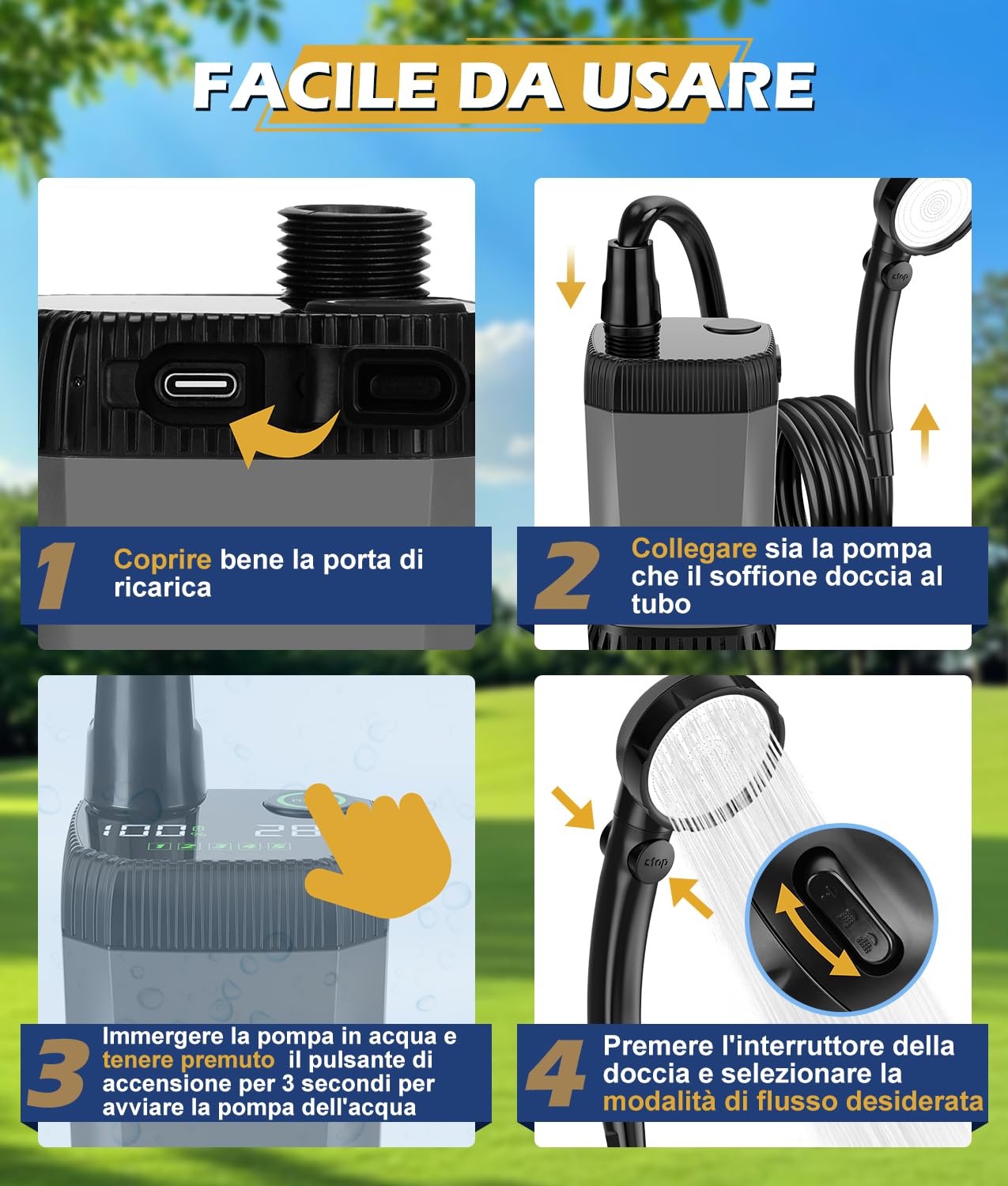 WADEO Doccia da Campeggio, [Secchio da 20L] Batteria Ricaricabile, Doccia Portatile per Spiaggia, Animali, Auto, Giardino