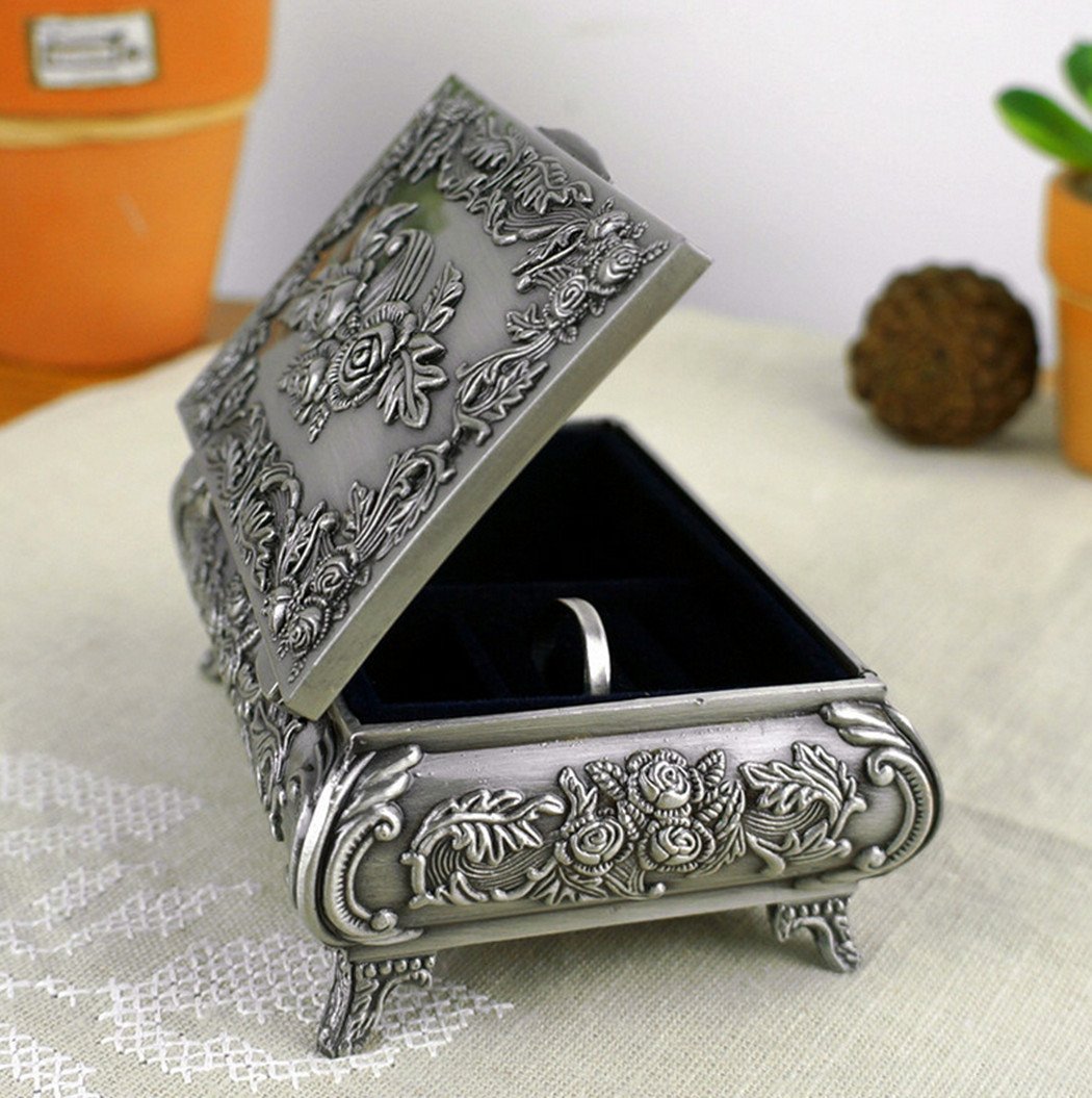 Forme de Rectangle Rose Gravure Femme Etain Pur Coffret Boîte à Bijoux-2 Options