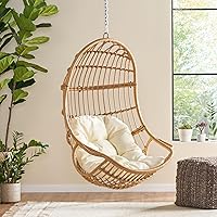 Christopher Knight Home Mariah Wicker Hanging Basket Chair with Cushion - Boho Outdoor Porch Swing Lounger, Light Brown Beige (32x30x45")