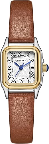 CHEETAH Reloj con correa de cuero para mujer, con pequeña caja rectangular vintage, esfera romana