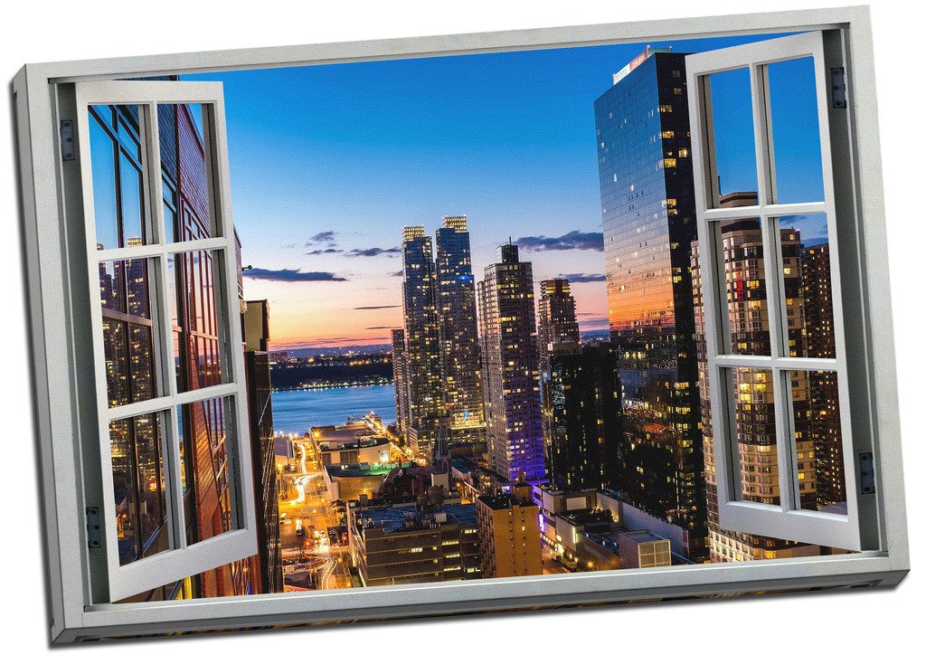 New York Manhatten at NIght 3D Window Effect Canvas Print Picture Wall Art Large 30x20 Inches