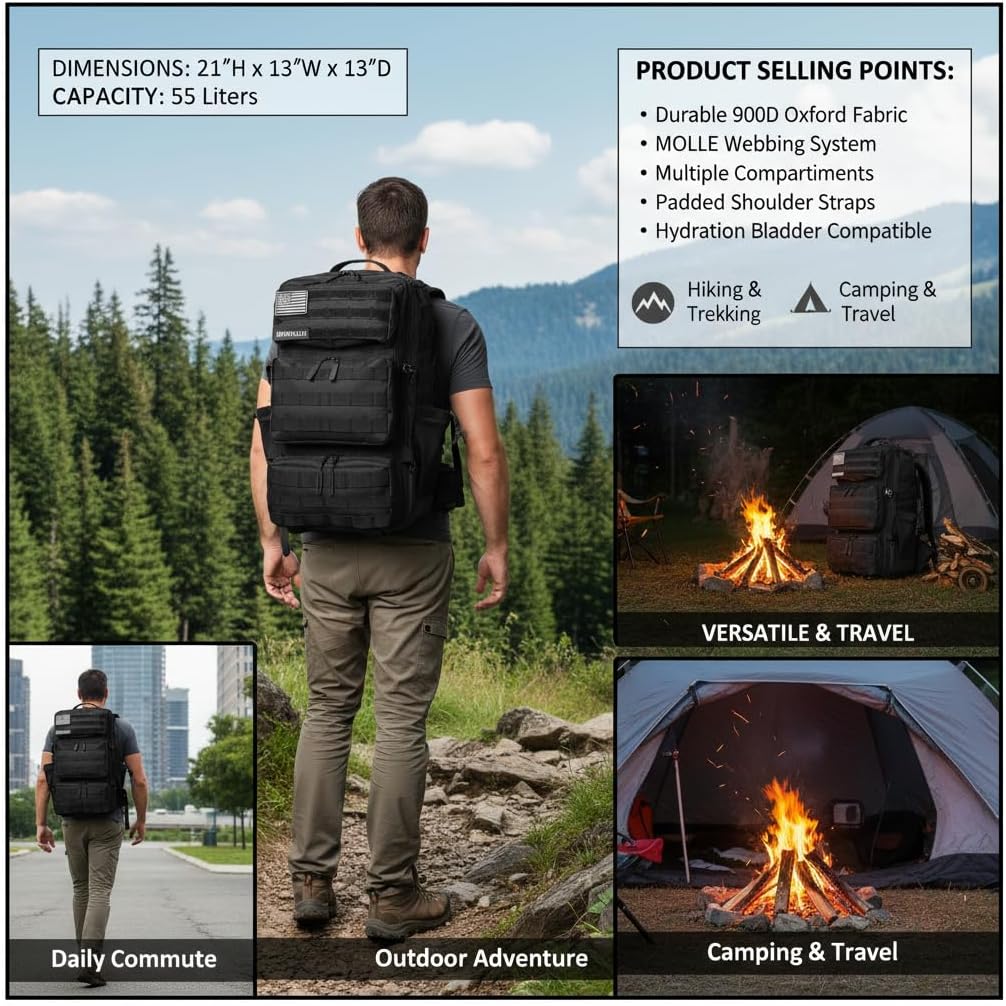 Military Tactical Backpack 55L for Men & Women Bug Out Bag Assault pack Molle Daypack Hiking Trekking Rucksack (Black) - Image 5