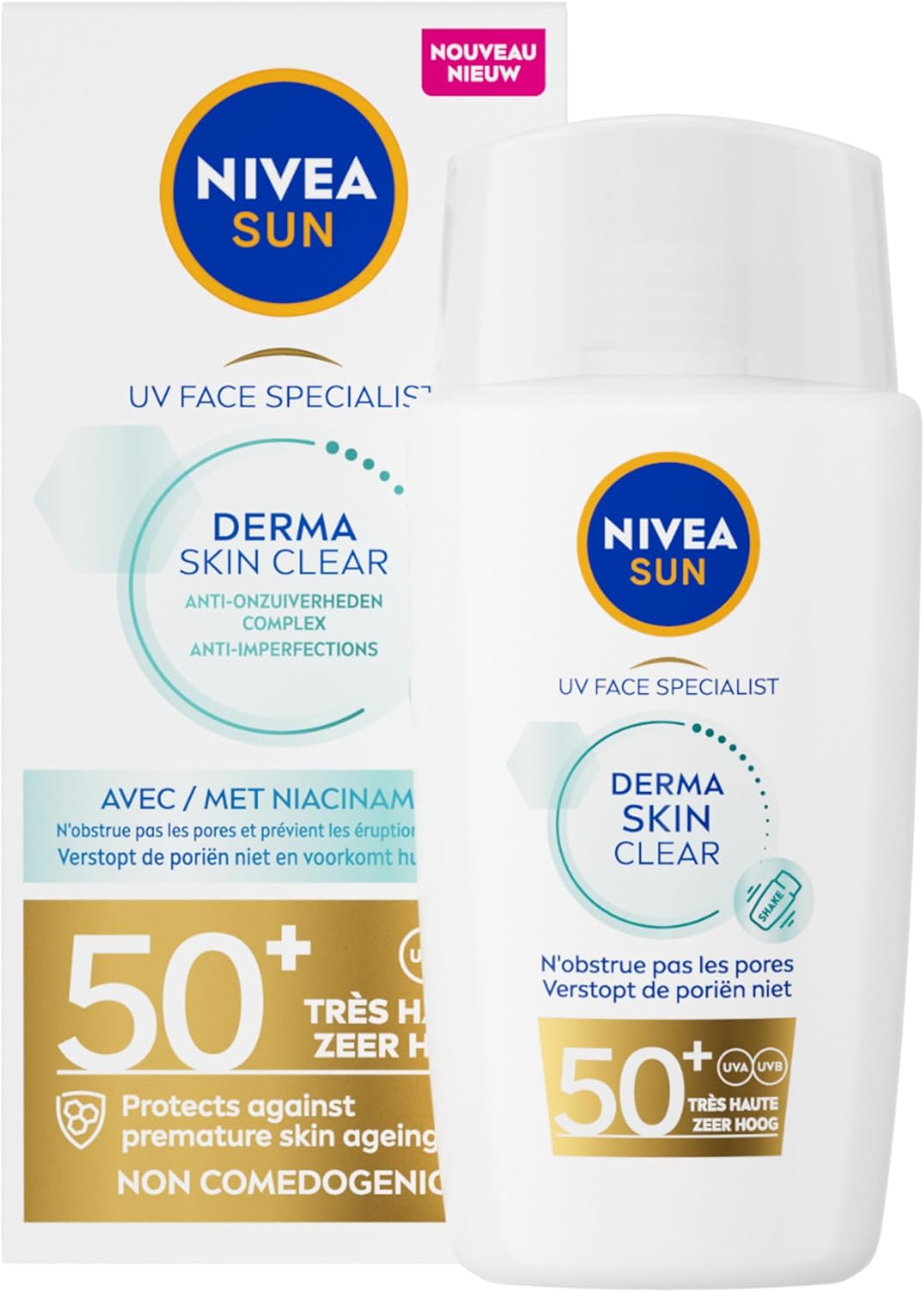 NIVEA SUN UV Face Derma Skin Clear Ultralichte Zonnebrand Gezicht – SPF 50+ – Voor de onzuivere huid – Zonnecrème met Niacinamide – Voorkomt Puistjes en Acne – Trekt Snel In – 40ml