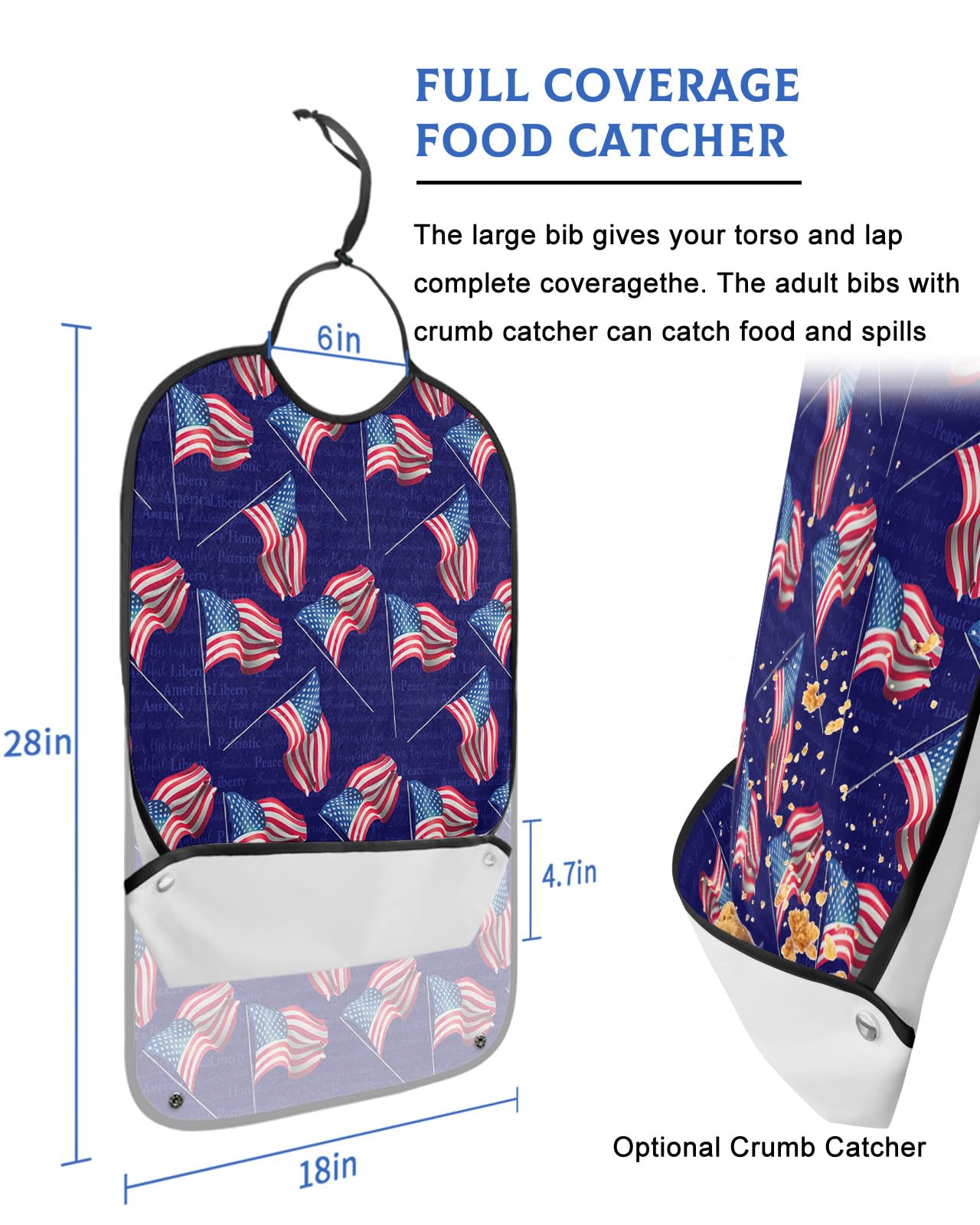 LEOKOTI 4th of July Adult Bibs for Eating, Waterproof Bibs with Food Catcher & Adjustable Snap Closure, Independence Day American Flag Washable Clothing Protectors Adult Bibs for Elderly Women/Men