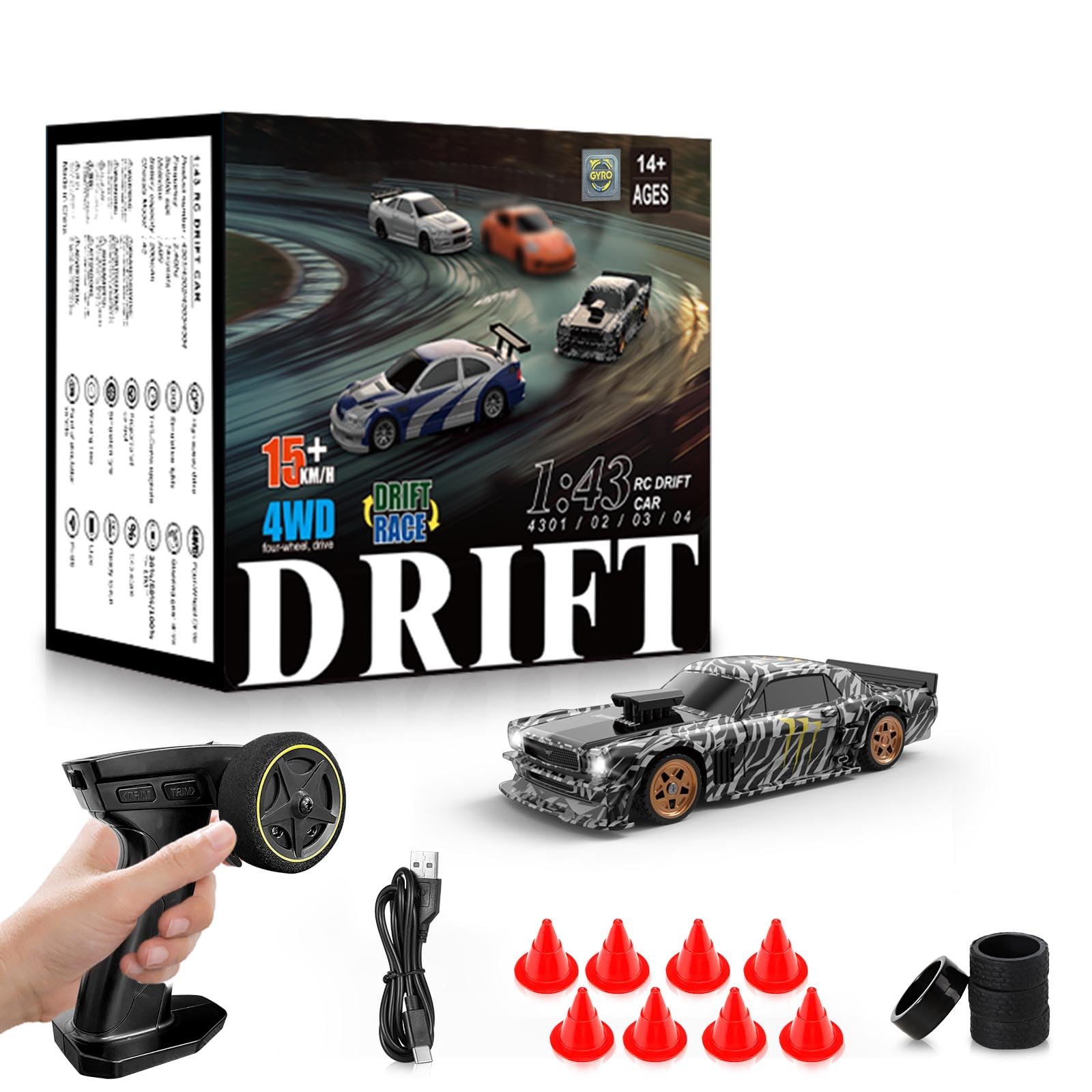 RC Drift car, 1/43 Mini Rc Drift car with Gyroscope, 2.4GHz Full Proportional Remote control Cars, 4WD High Speed Racing with Lights, Racing Tires, Model Cars Gift for Adults, Kids, Boys, Girls
