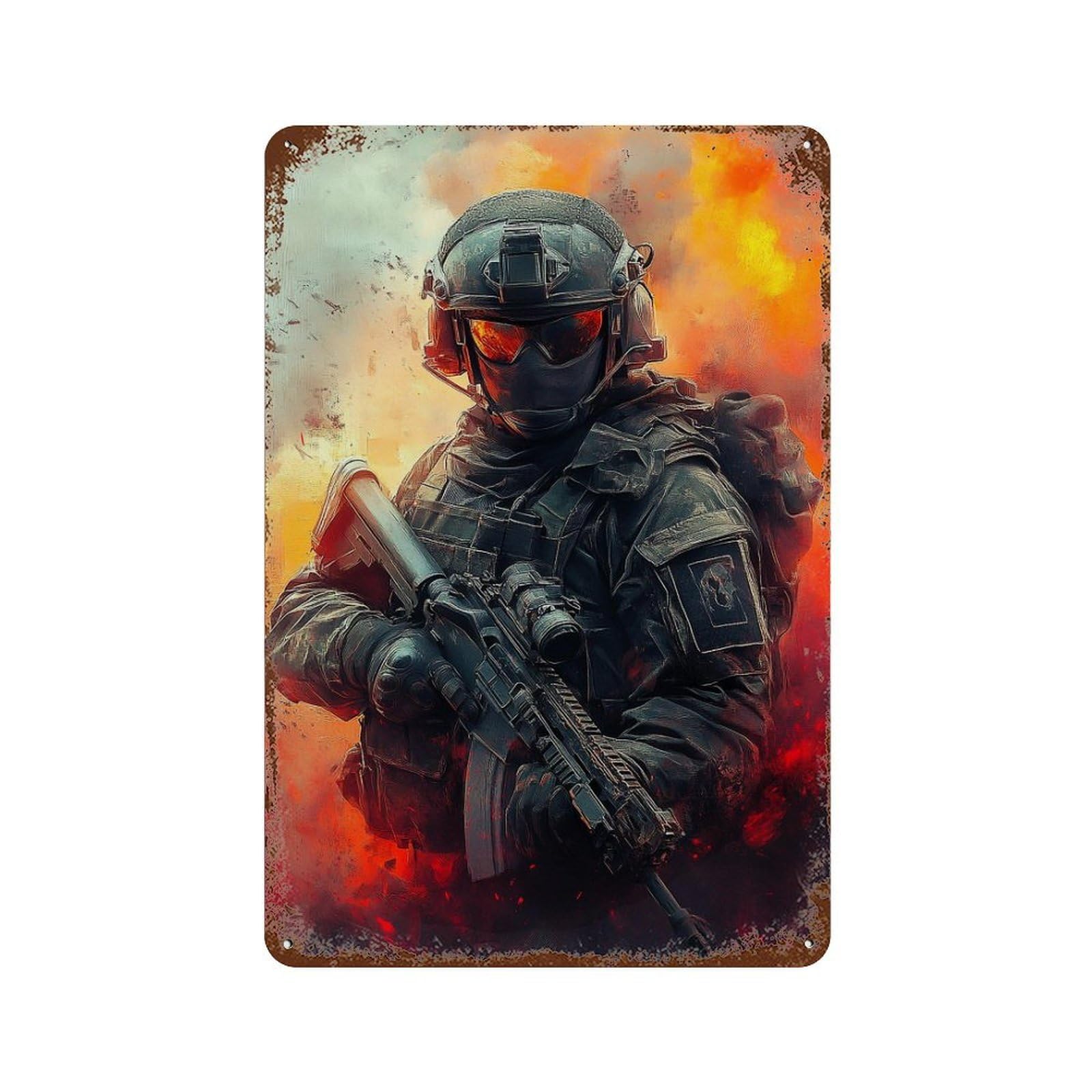 Combat Soldier with Rifle 11.8"x7.9" Retro Metal Sign, Shabby Chic Decor for Garage, Bar And Workshop Decor