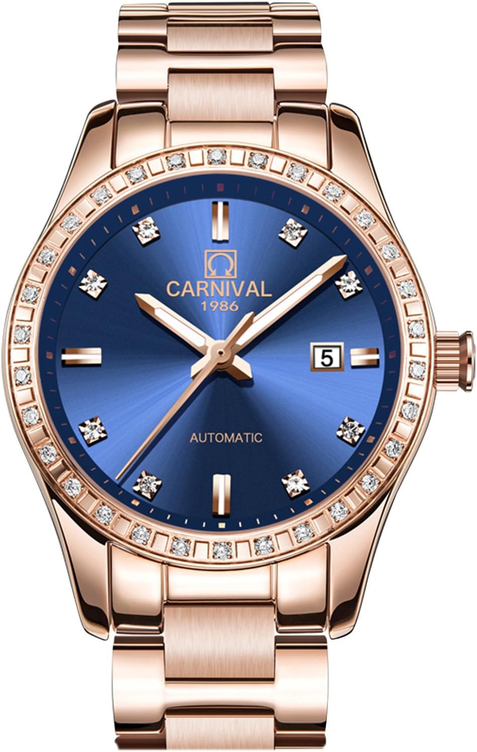 Women's Elegant Automatic Watch Rose Gold Blue Dial Stainless Steel Bracelet Sapphire Crystal Date Mechanical Watches
