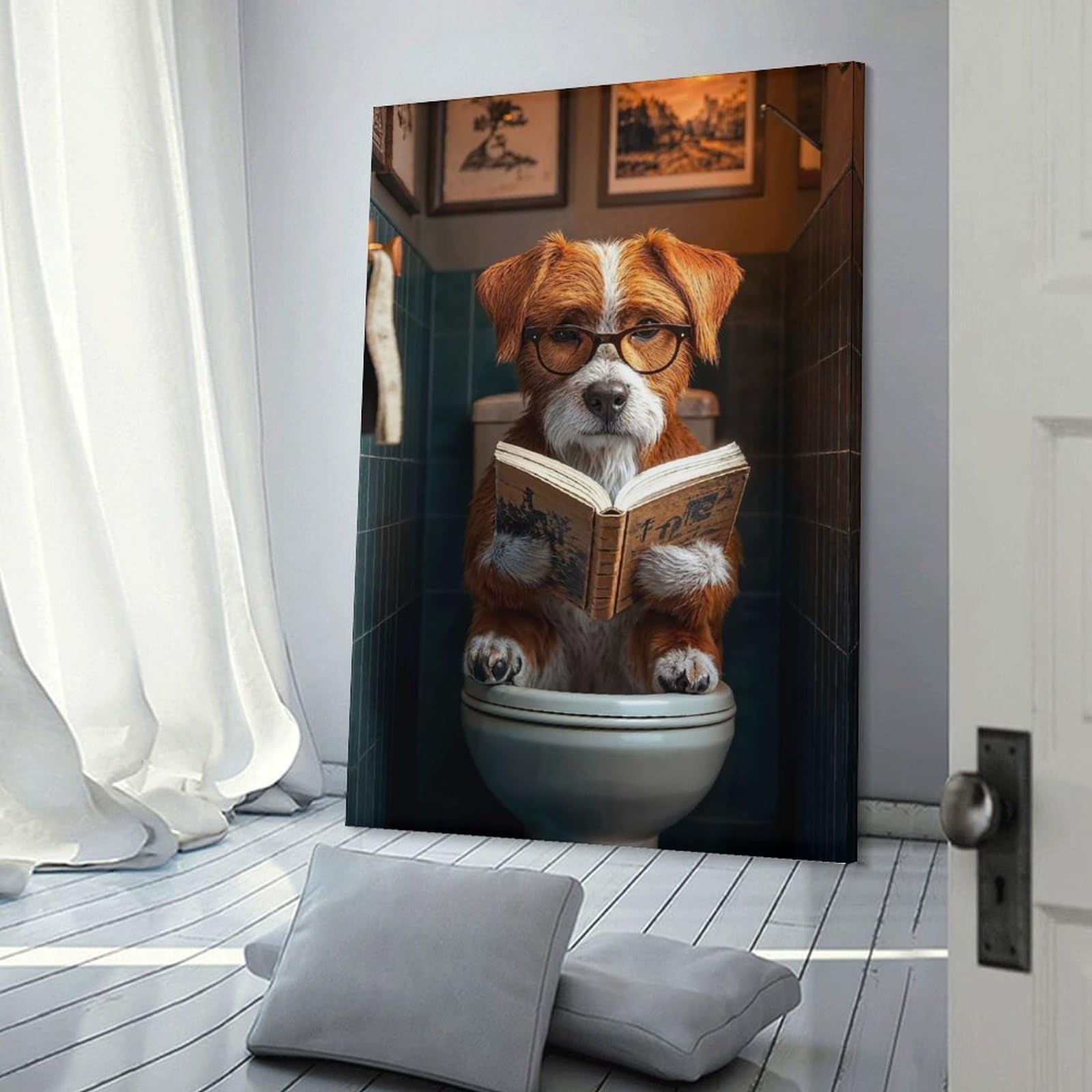 Junmoney Frame-Style-7 Dog Reading On Toilet Canvas Wall Picture, 16X24inch(40X60cm), For Wall Displays, Bedrooms Or Room Updates, Wall Decor Suited To Curated Displays