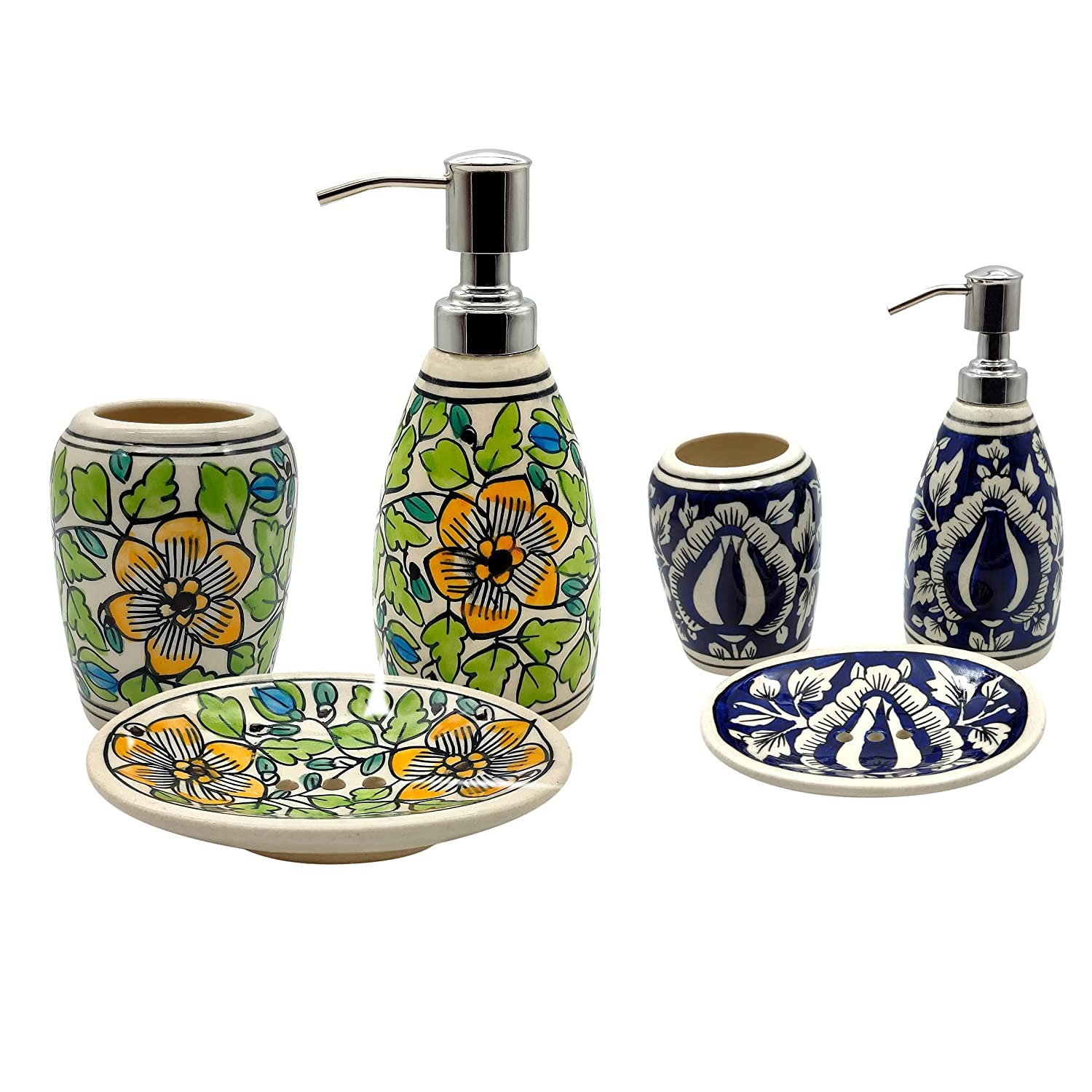 Hand Painted 2 Bathroom Decor Set of 6 Completes (Green & Blue)