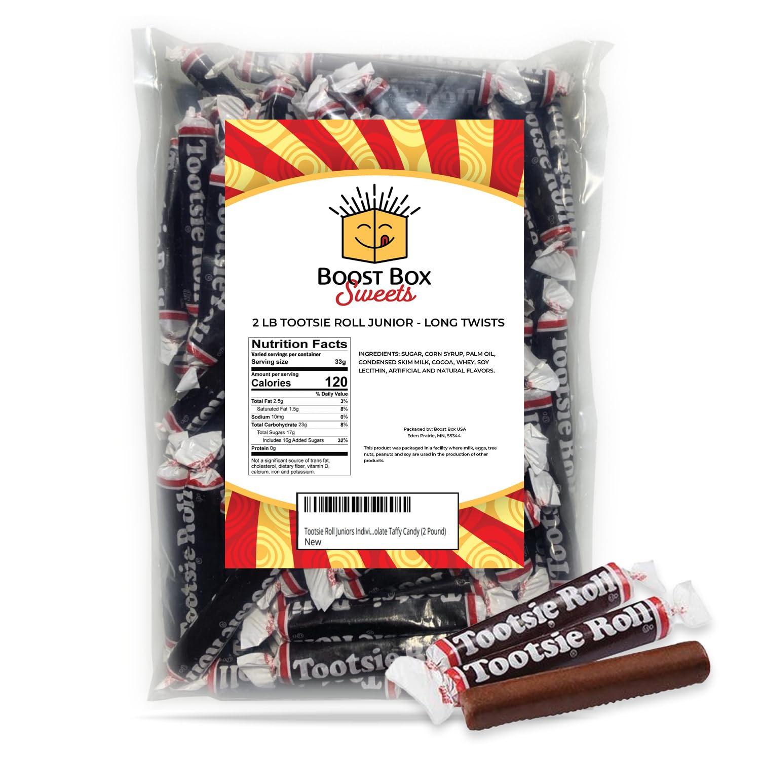 Junior Long Twist Individually Wrapped Bulk Classic Chewy Chocolate Taffy Candy (2 Pound)