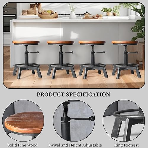 Miniatura 3 de Juego de 2 taburetes de bar industriales, sillas de altura de mostrador, asiento giratorio de madera, ajustable de 15.2-21 pulgadas