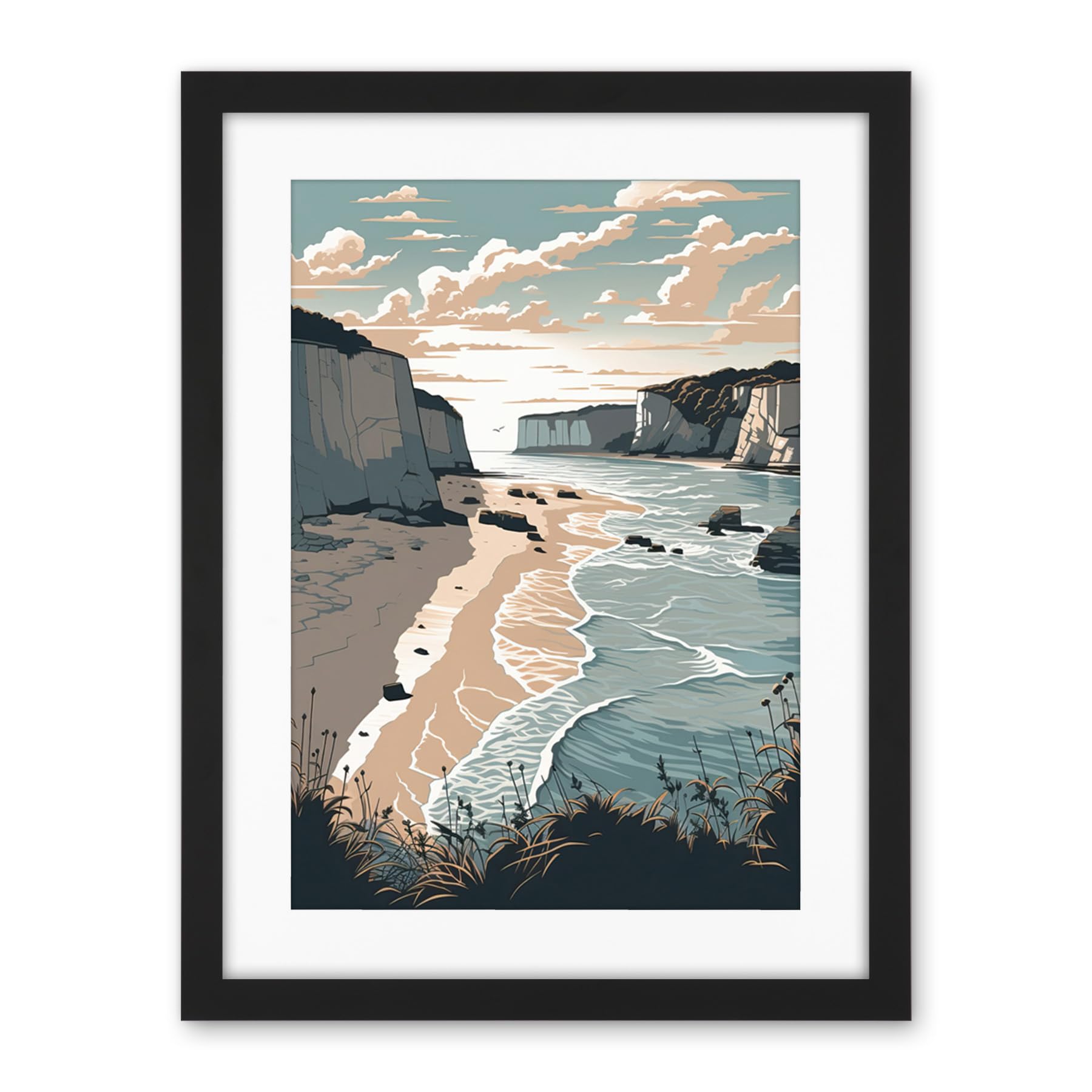 Artery8 Bay with Cliffs Pastel Colour Coastal Landscape Artwork Framed Wall Art Print 18X24 Inch