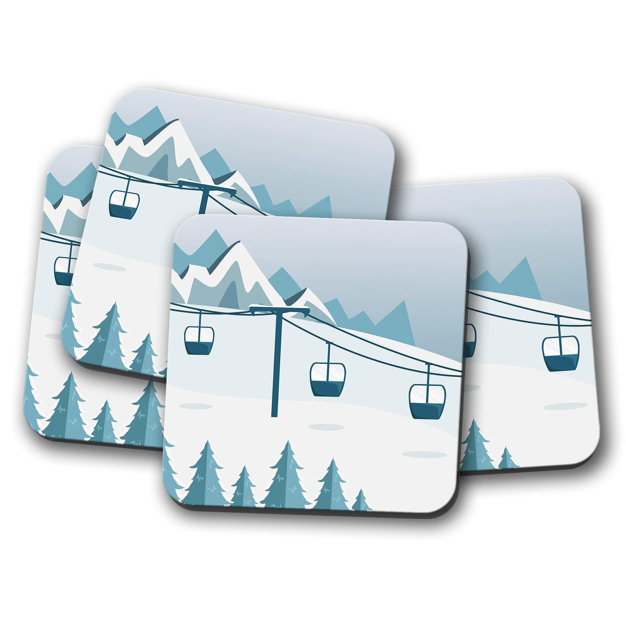 Destination Vinyl Ltd Multicolor 4 Set - Black Cable Car Coaster - Ski Snowboard Winter Nature #12726
