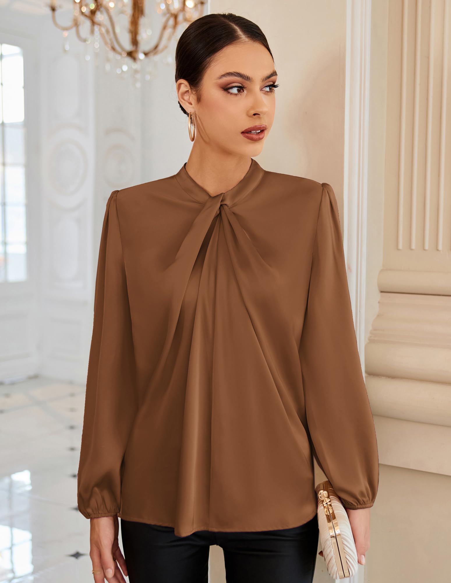 GRACE KARIN Haut décontracté à manches longues pour femme avec nœud papillon, marron foncé, L