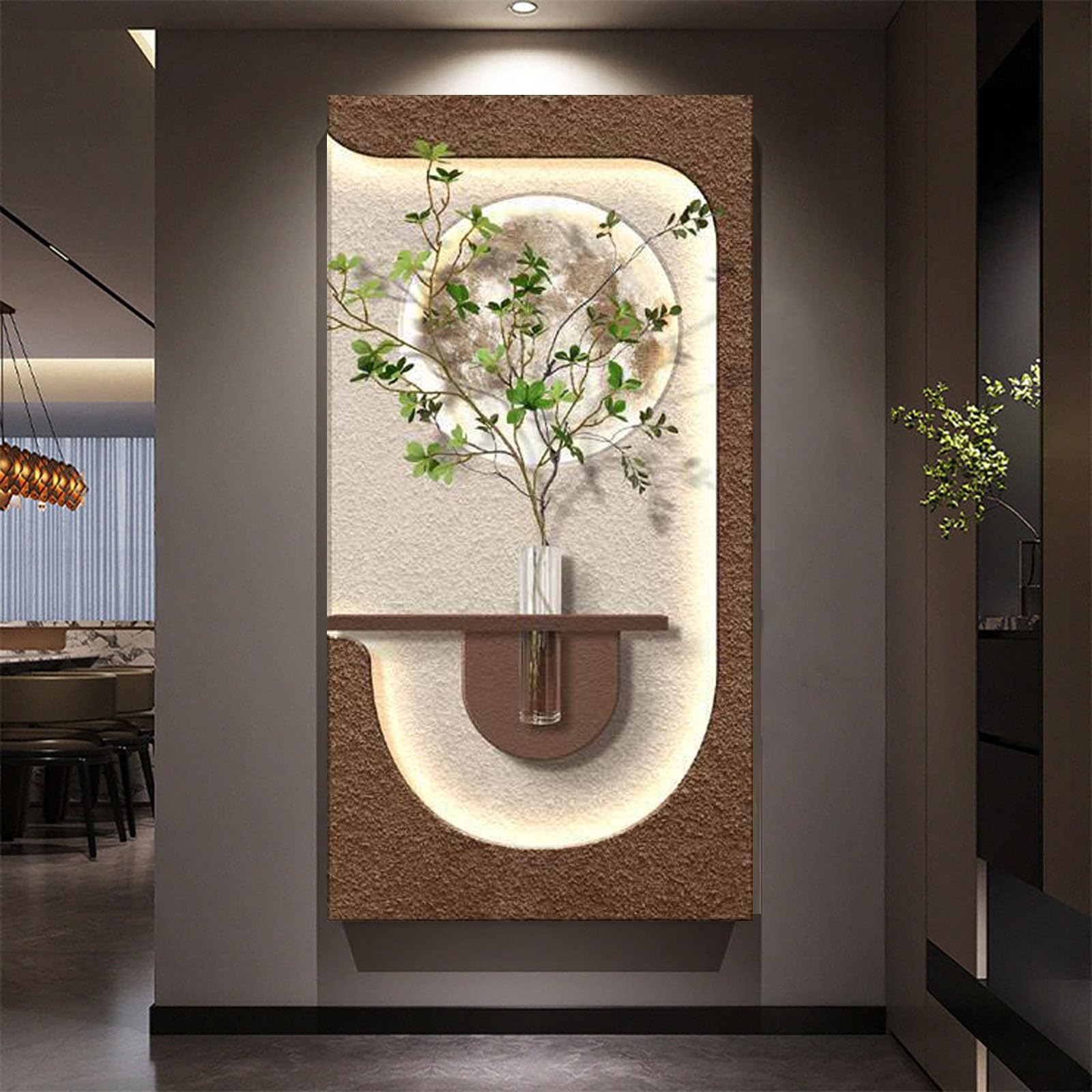 Sandstone LED Wall Art Decor with Built-in Vase Shelf - Moon Wall Decor with Ambient Light, Textured Wall Hanging for Living Room Bedroom Hallway, Entryway, Home Deco Style-A 23.6×47.2 in（60×120 cm ）