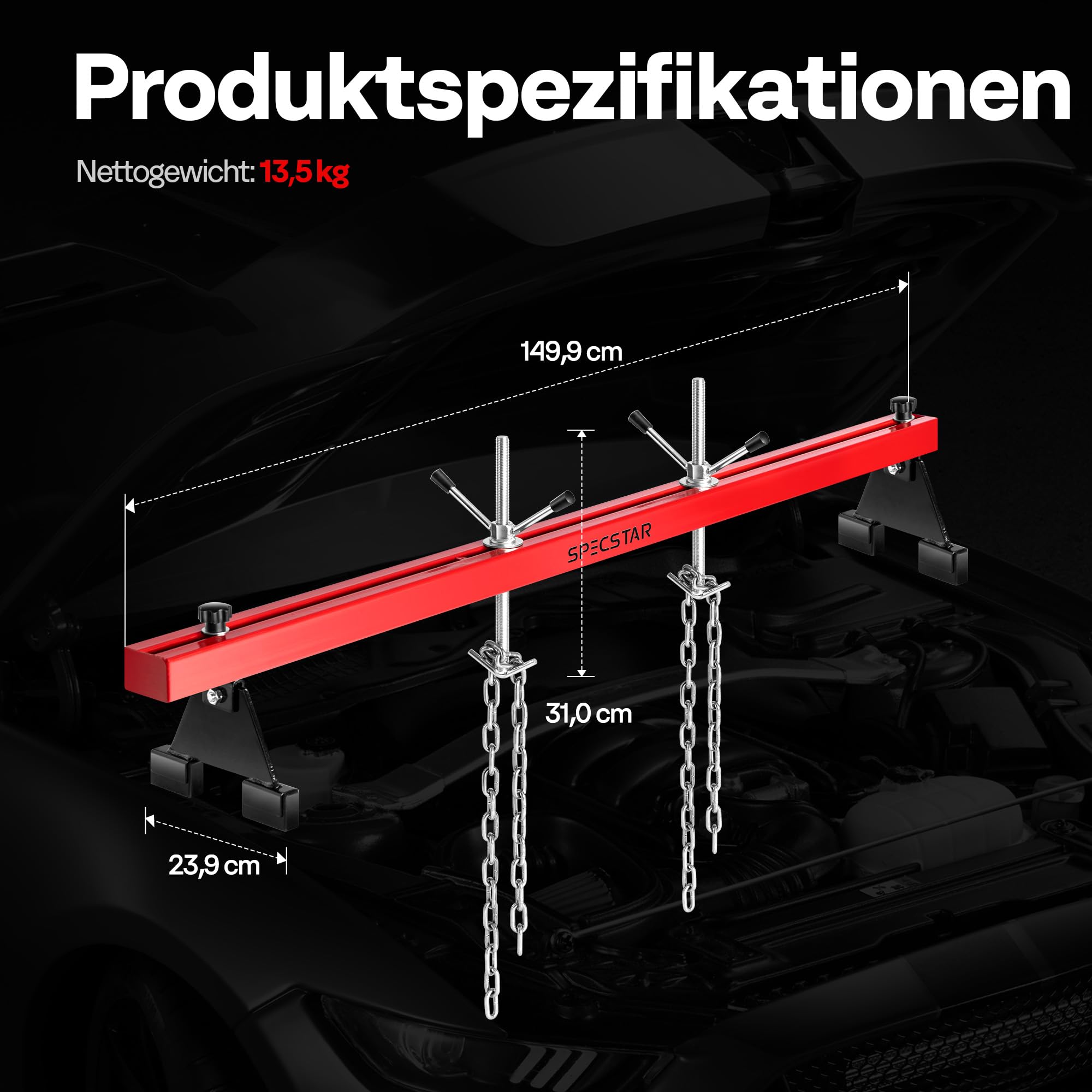 SPECSTAR 500kg Motorbrücke Motorheber Traverse für Motor Getriebearbeiten | 53,3–144,8cm Verstellbar, Doppelpunkt-Hebung mit Doppelhaken, 360° Drehung mit 2-Punkt-Halterung und Doppelhaken