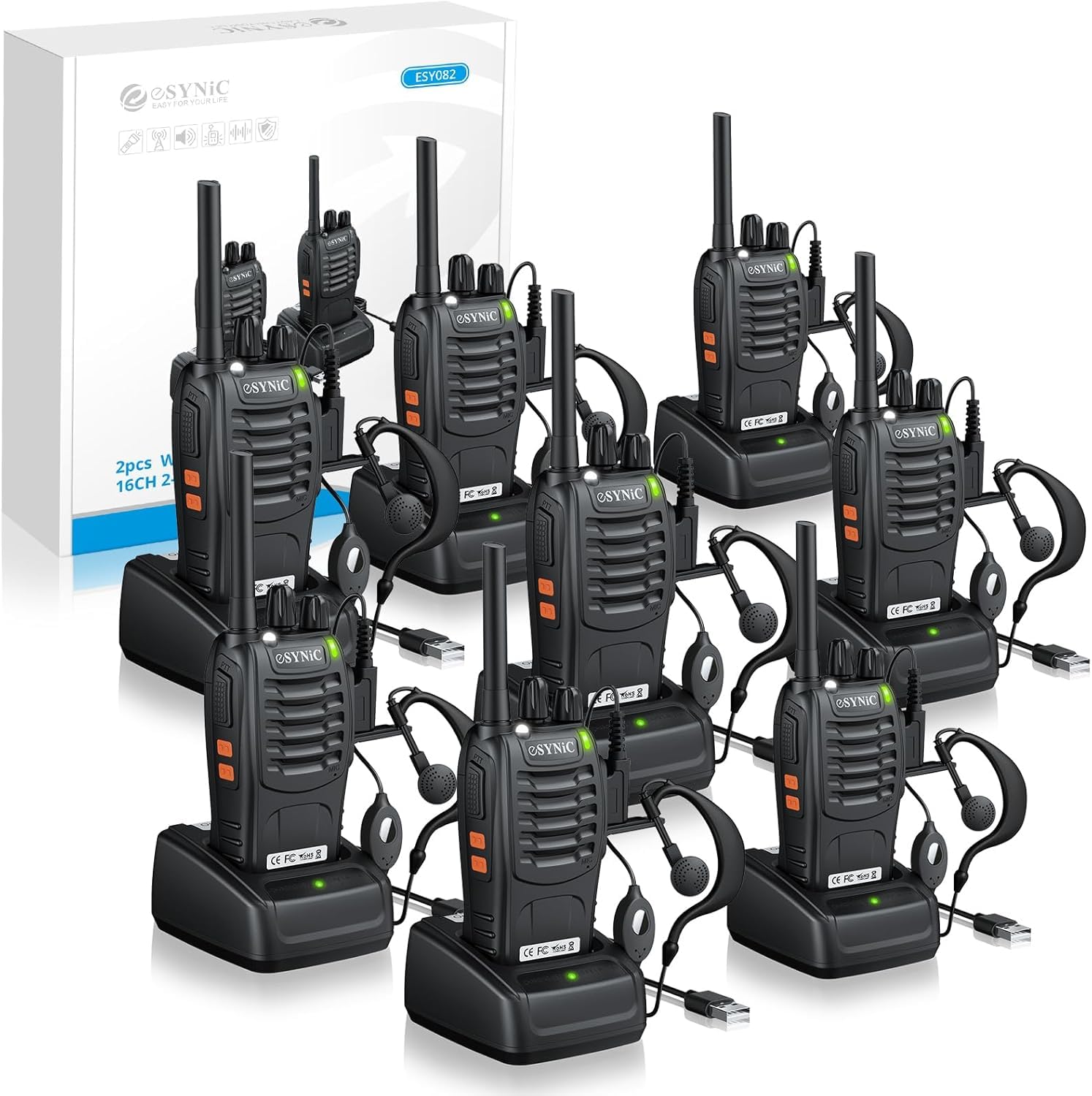 eSynic Wiederaufladbare Walkie Talkies – 8er Set PMR446 Lizenzfreie 2-Wege Radio mit 16 Kanälen, LED Taschenlampe, VOX Freisprechfunktion, Handgerät für Outdoor, Schule, Zuhause, Road Trip, Camping
