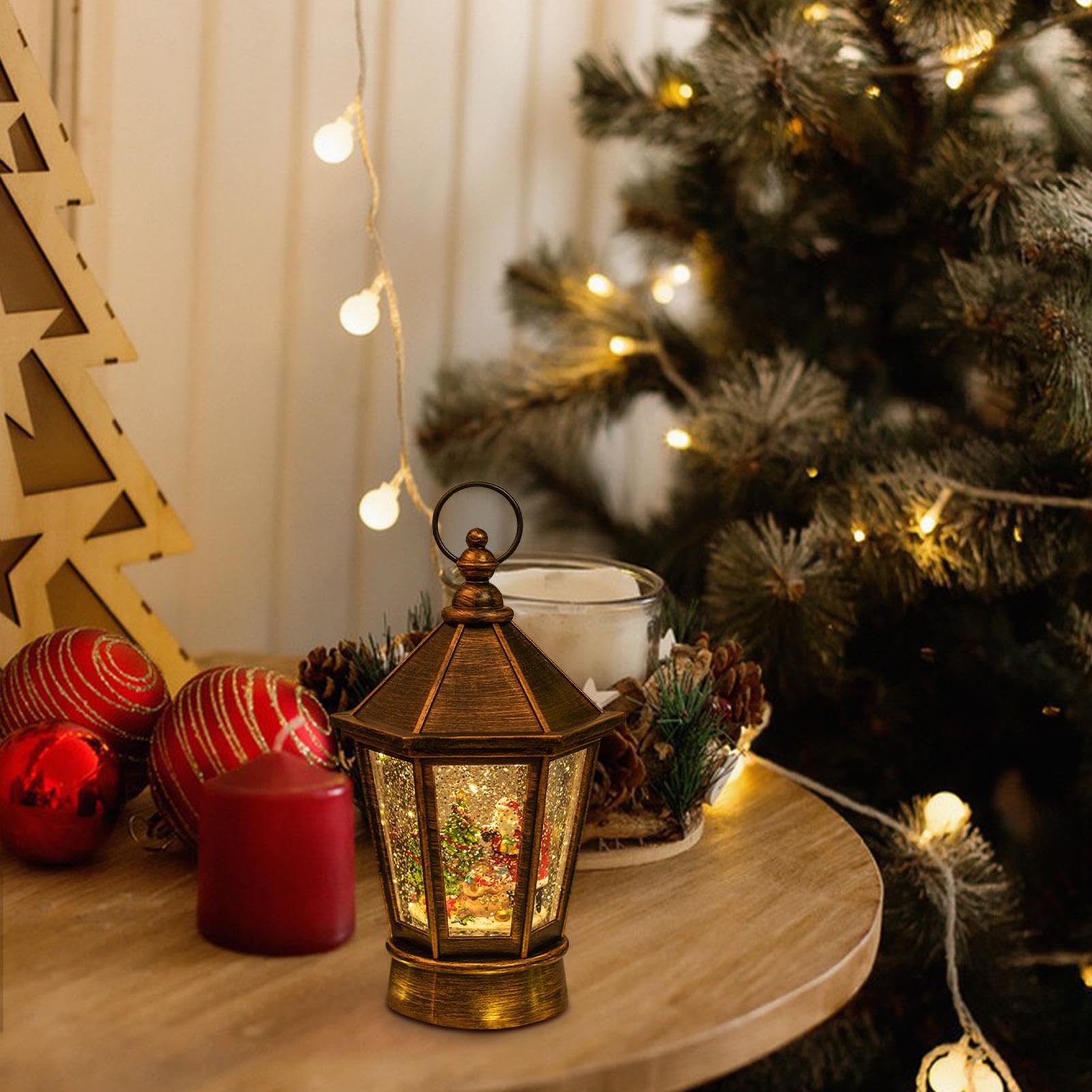 Lanterna con neve illuminata, musicale con neve con glitter vorticosi, decorazione da tavolo a batteria, decorazione per feste di Natale | decorazione da tavolo a batteria, decorazione per feste di Natale