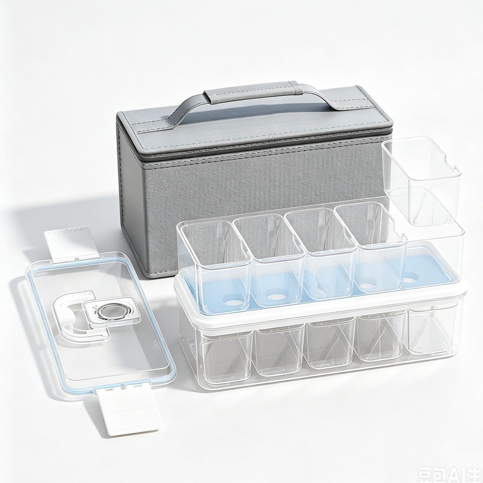 Juego de cajas de almacenamiento de alimentos para refrigerador del hogar con divisores transparentes, bolsa de transporte e insertos de enfriamiento para preparar almuerzo y clasificar la bolsa