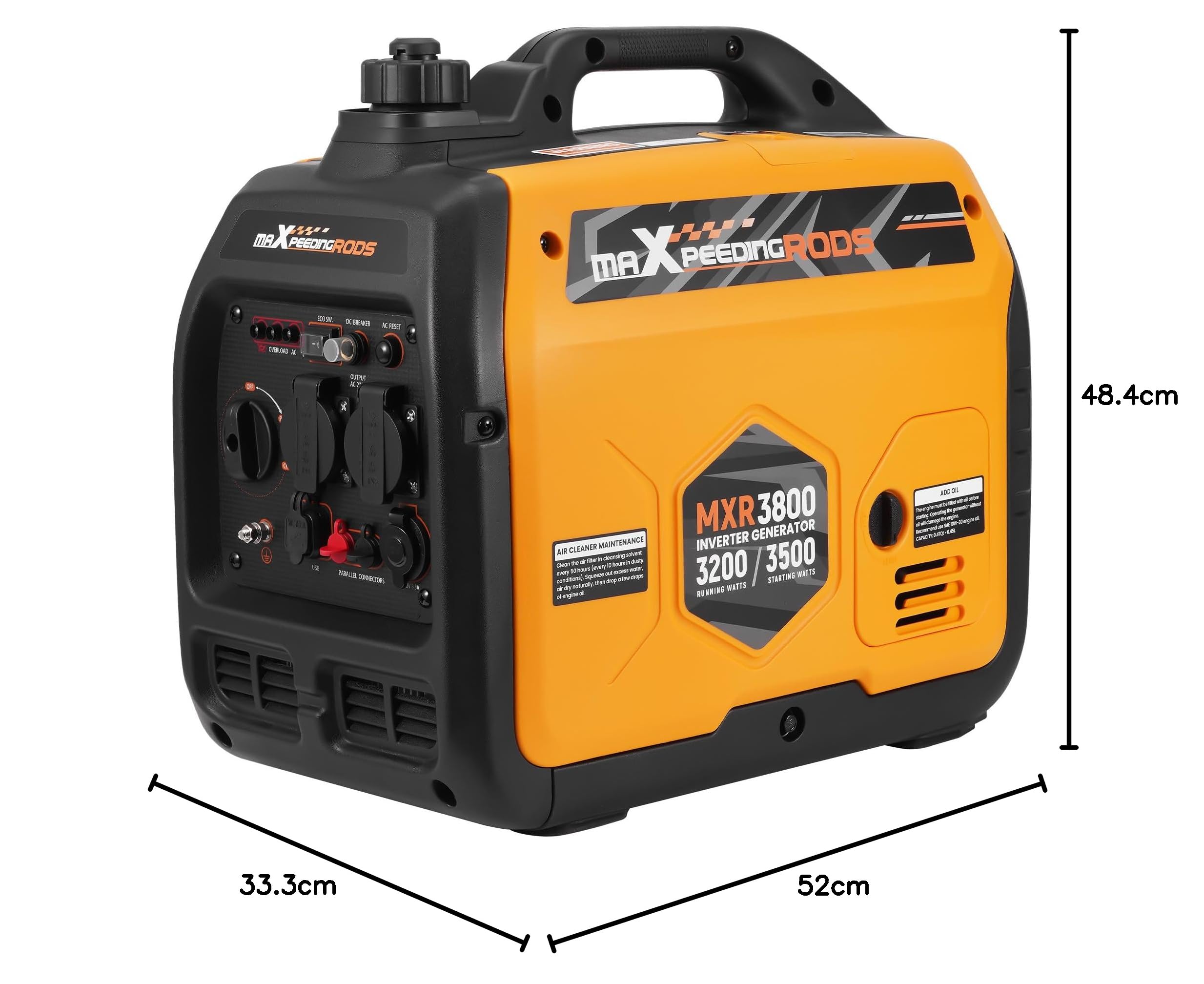 maXpeedingrods Inverter Stromerzeuger 3500W Superleise, Leicht und Mobil Benzin Notstromaggregat Stromgenerator, ECO-Modus mit 2x 230V / 2x USB / 1x 12V DC Steckdosen für RV Camping Festivals, Reise