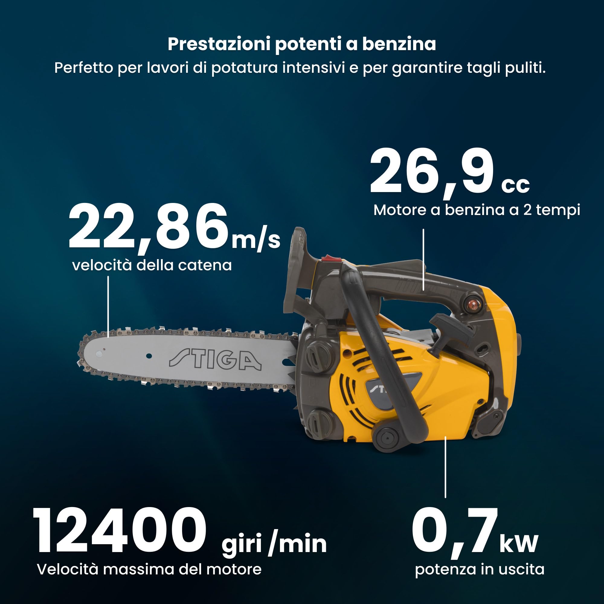 STIGA PR 730 10" Motosega A Benzina, 26.9 cc (0.7 kW), Barra 25 cm – Impugnatura Superiore, Sistema Antivibrazioni – Potatura/Arboricoltura
