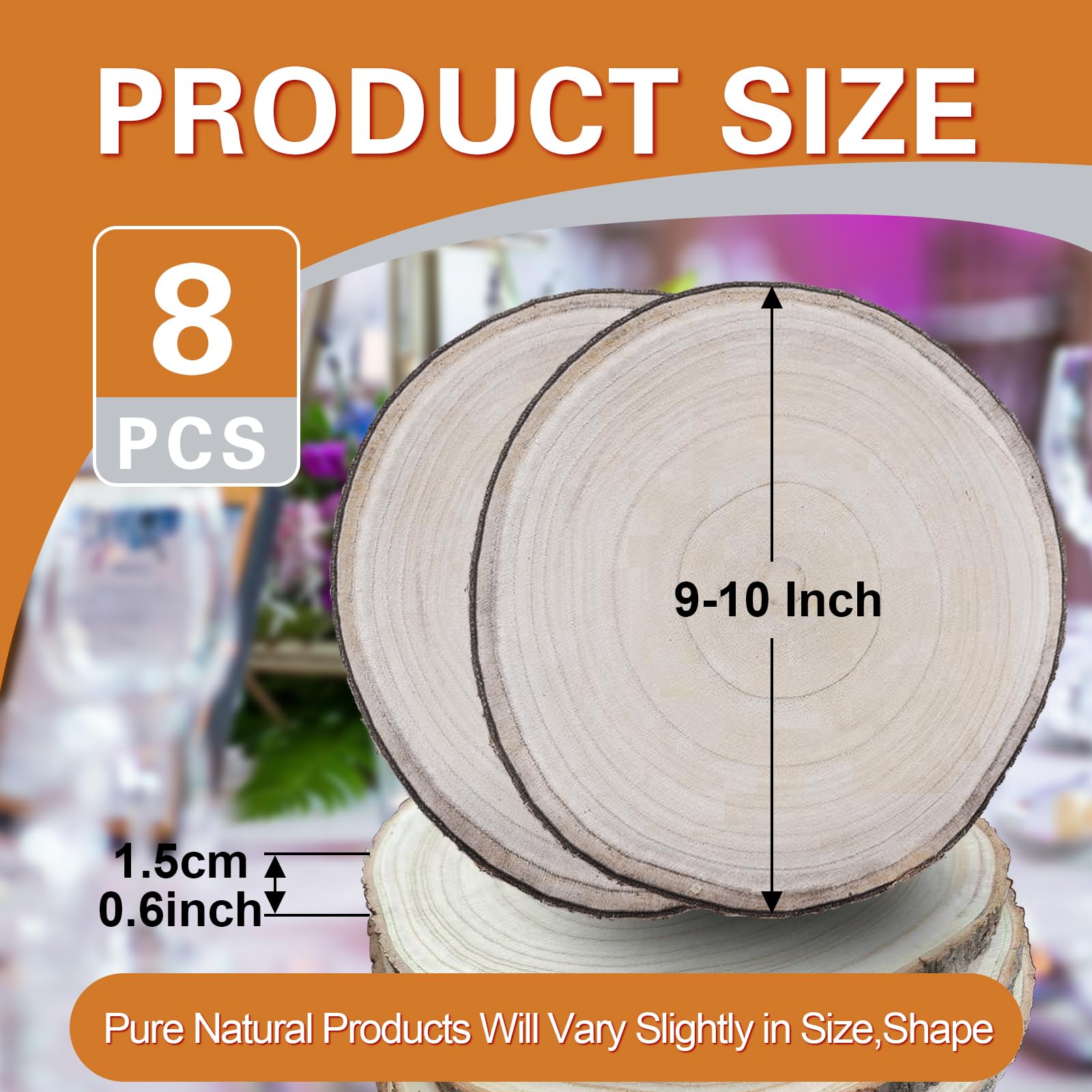 Holzscheiben für Tafelaufsätze, große Holzscheiben, 8 Stück, 22,9 - 25,4 cm, natürliches Paulownia-Holz, runde Naturholzscheiben, Holzplatten für Hochzeiten, Tafelaufsätze, Dekoration und
