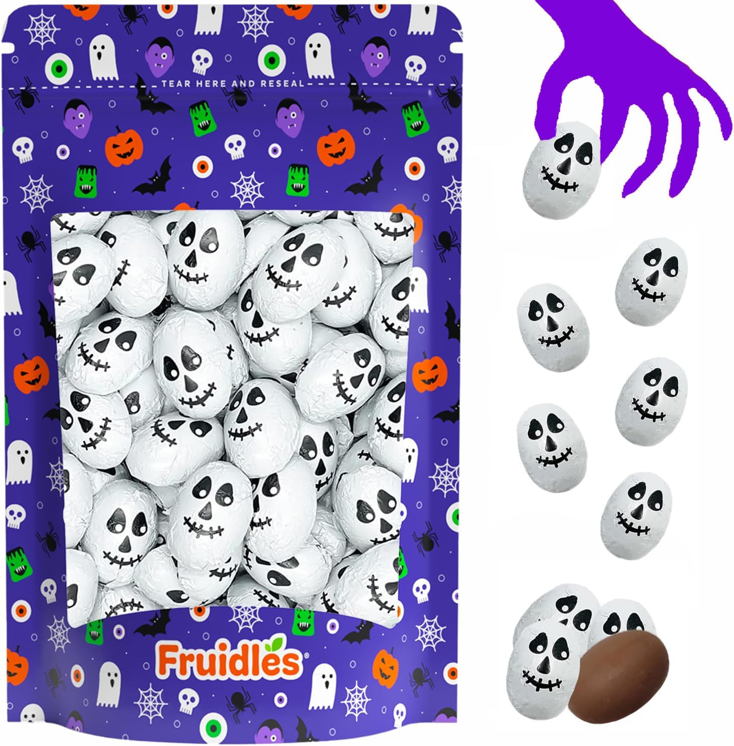 Fruidles Halloween Skulls, Double Crisp, Trick-Or-Treat Party Bag Fillers, Individually Wrapped in Multi-color Skull Design Foils, Kosher Certified (1 Pound)