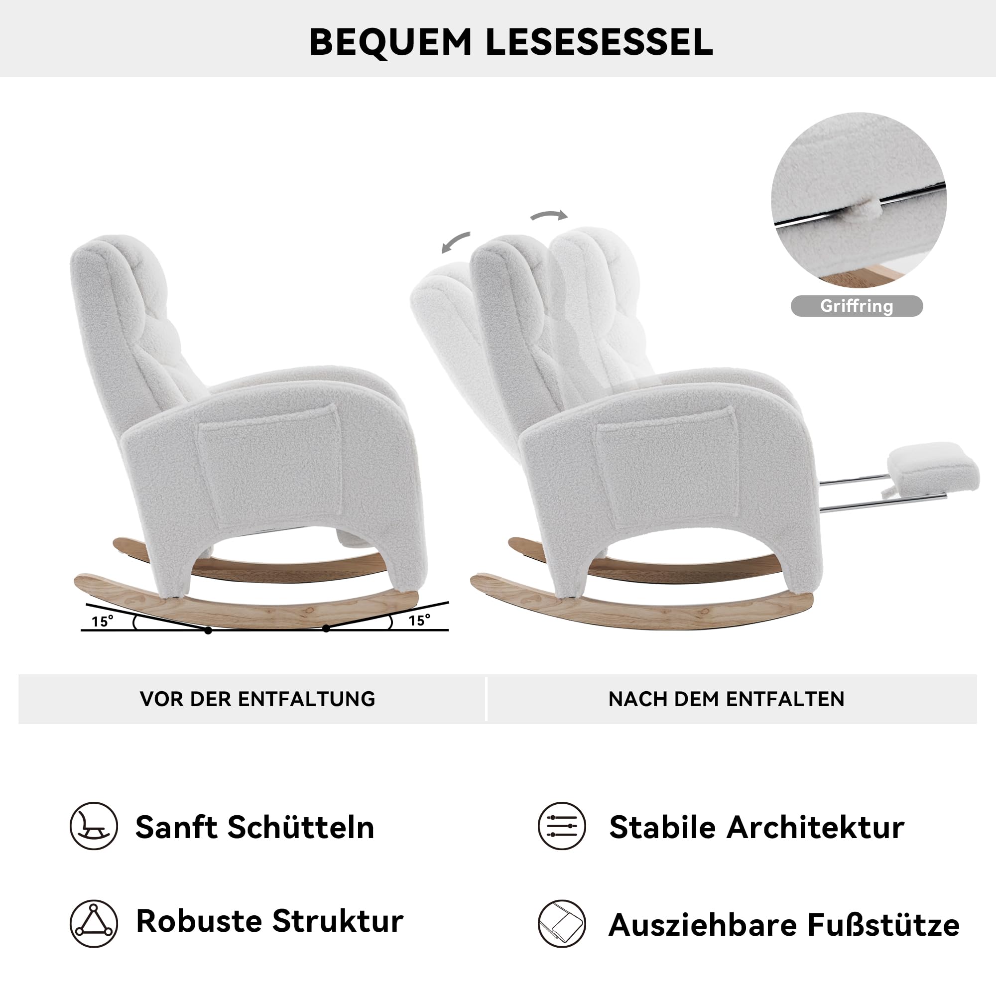 DEKKETO Teddy Schaukelstuhl mit Kopfstütze und Fußstütze, Schaukelsessel mit Hocker, Großer Stillstuhl mit Seitentasche, Relax Stillsessel Wohnzimmer, Weiß