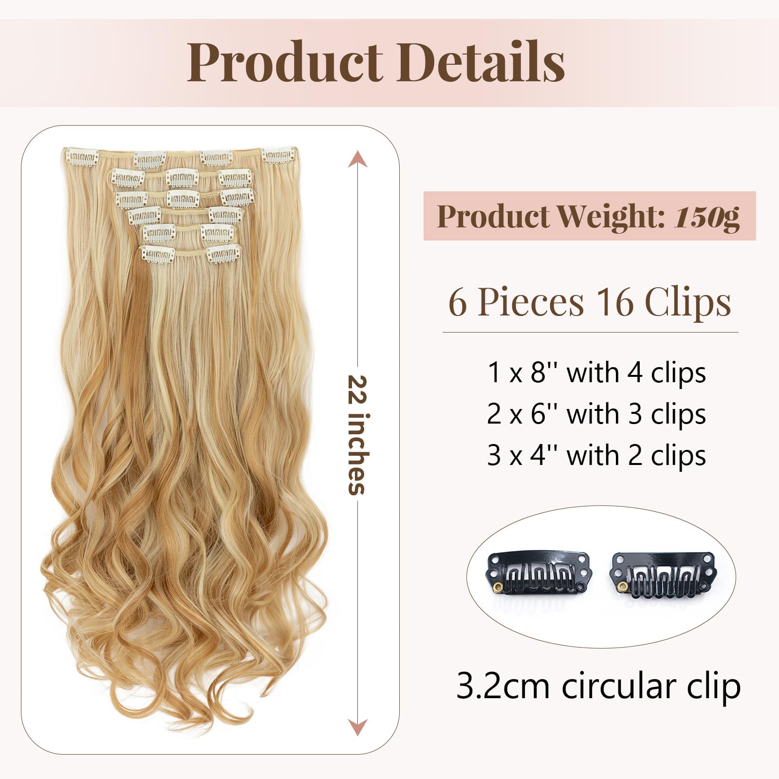 TESS Blonde Curly Hair Extensions Clip in 22 Inch 6PCS 16 Clips Heat Resistant Synthetic Wig Tangle-Free Double Weft Hair Pieces for Women UK 150g #27H613 Balayage Dark Blonde & Bleached Blonde - Image 3